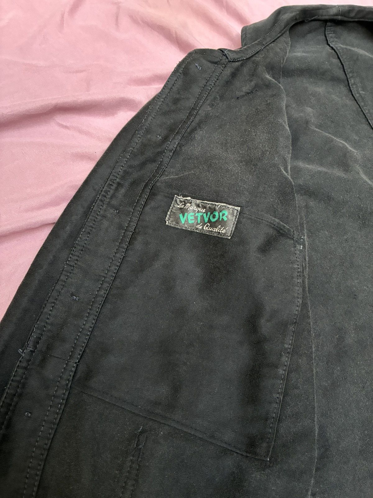 Other 50s ANTIQUE FRENCH BLACK MOLESKIN CHORE JACKT MADE BY VECTOR Size US S / EU 44-46 / 1 - 6 Thumbnail