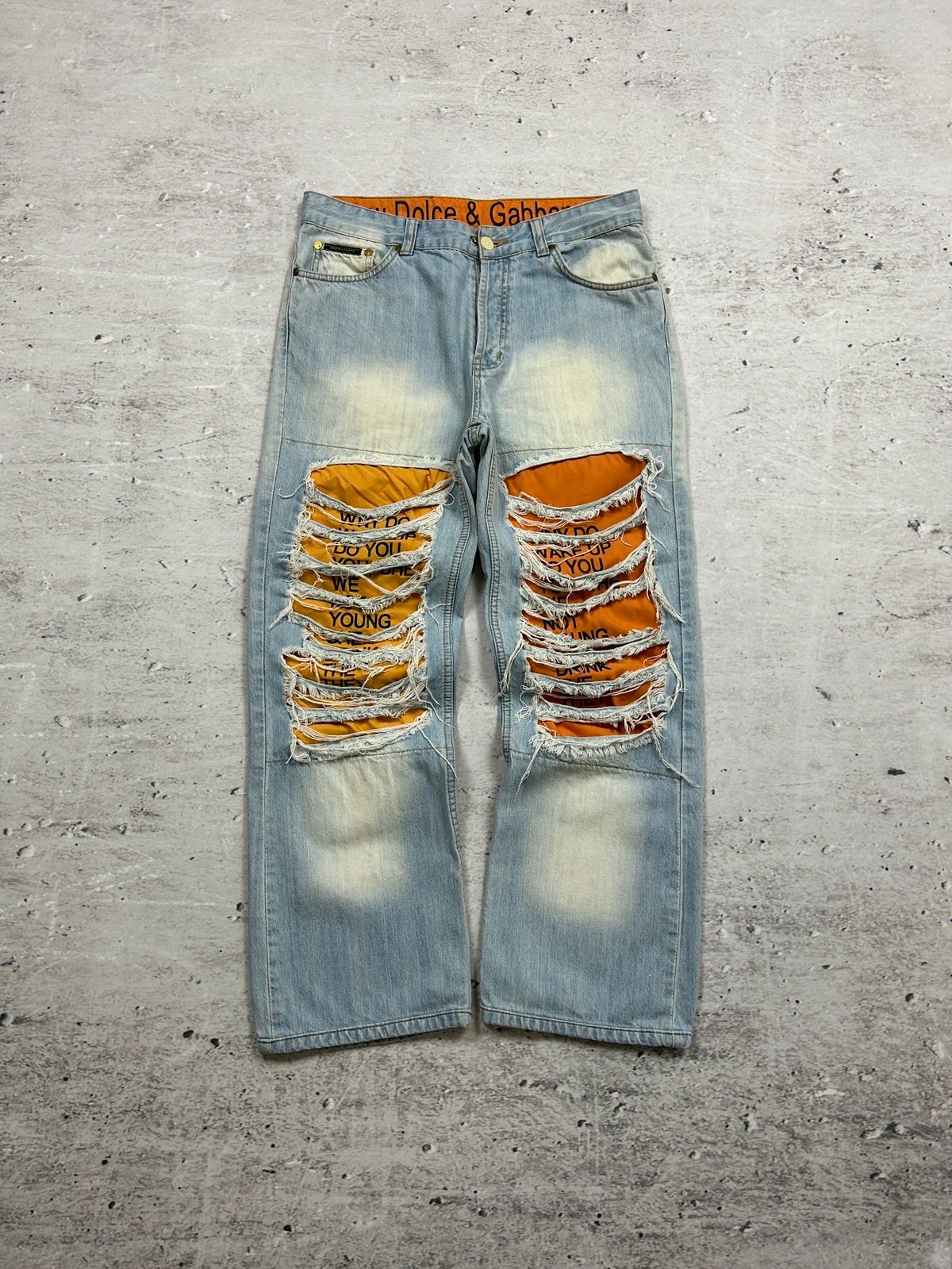 Pre-owned Dolce Gabbana X Vintage Y2k Dolce & Gabbana „why Do You Wake Up?” Ripped Jeans 90's In Blue