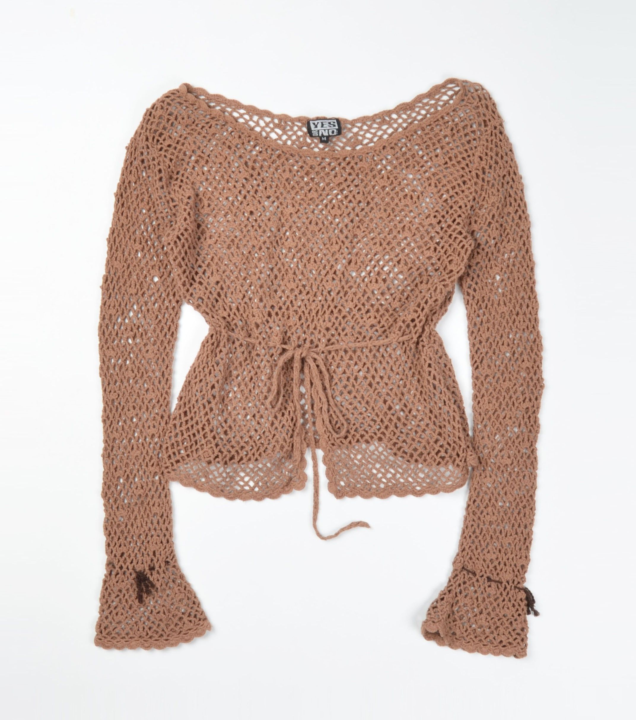 Designer Yes or No Crochet Knit Boat Neck Cottage Long Sleeve Tan Top Size M / US 6-8 / IT 42-44 - 4 Thumbnail
