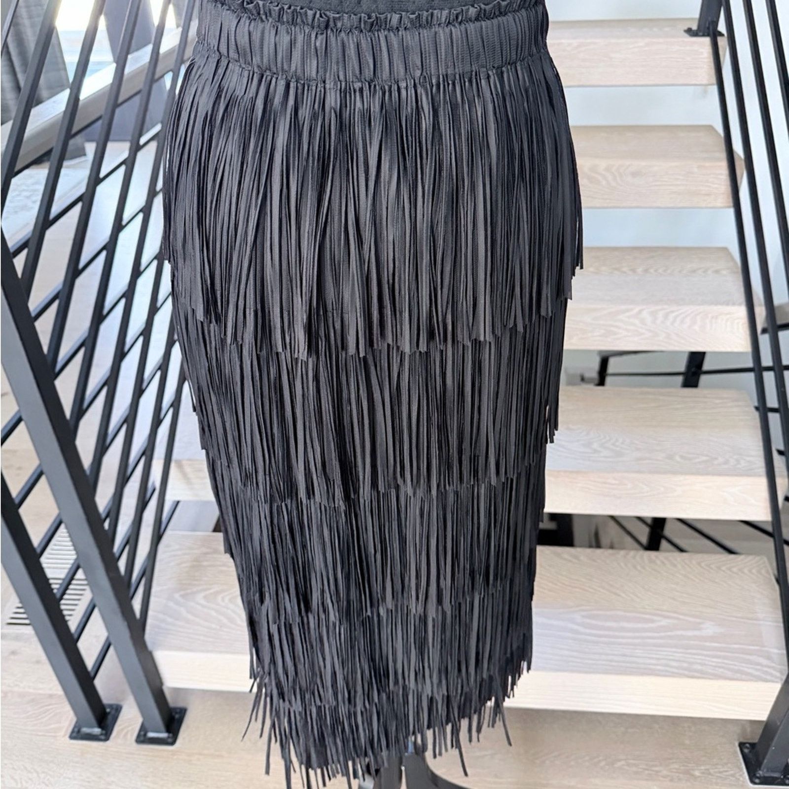 Other New Y2K Boho Western Black Fringe Skirt Faux Leather Look Size 27" / US 4 / IT 40 - 4 Thumbnail