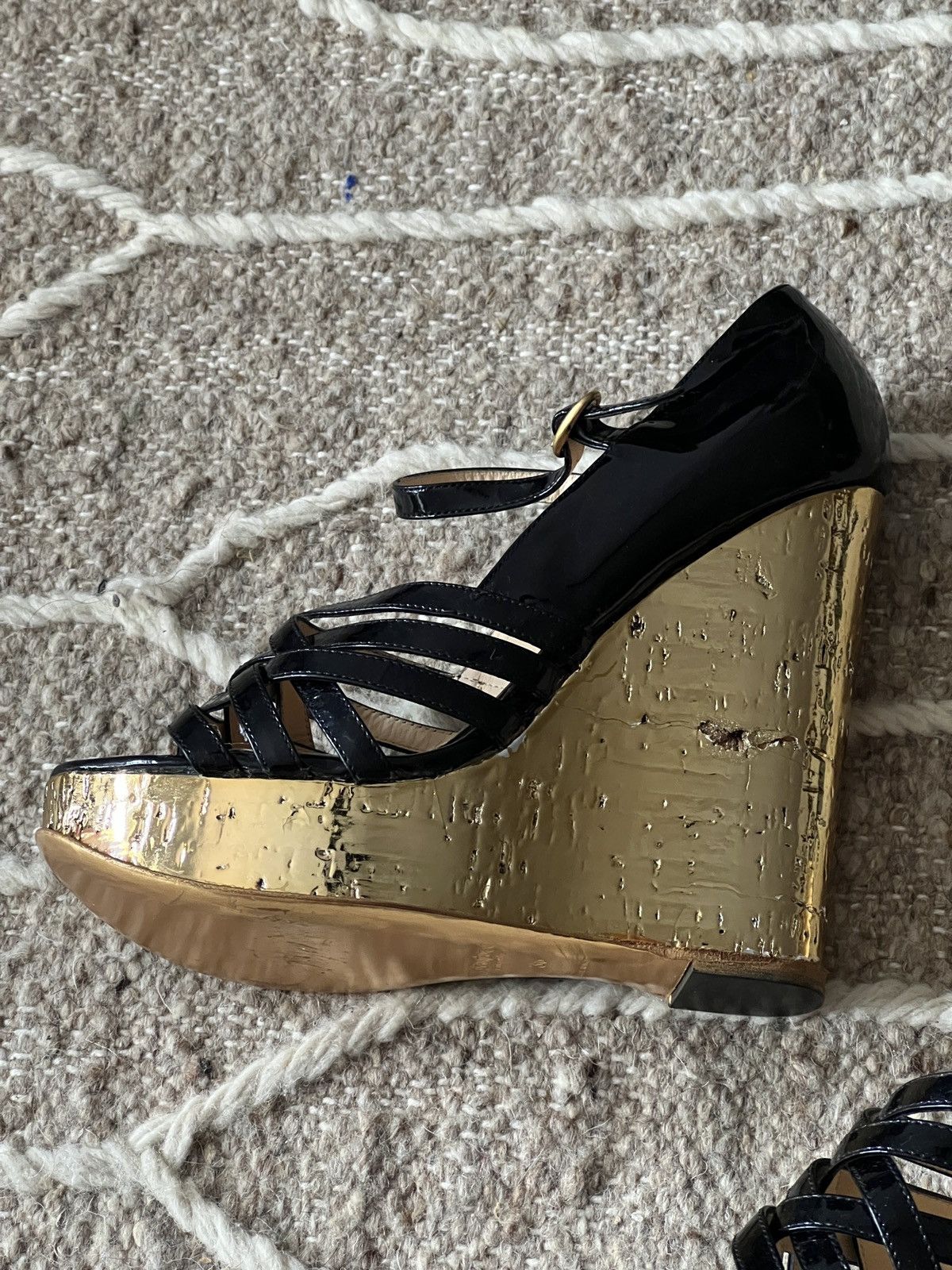 Yves Saint Laurent Yves Saint Laurent Black Leather Straps Gold Cork Wedge Size US 7 / IT 37 - 8 Thumbnail