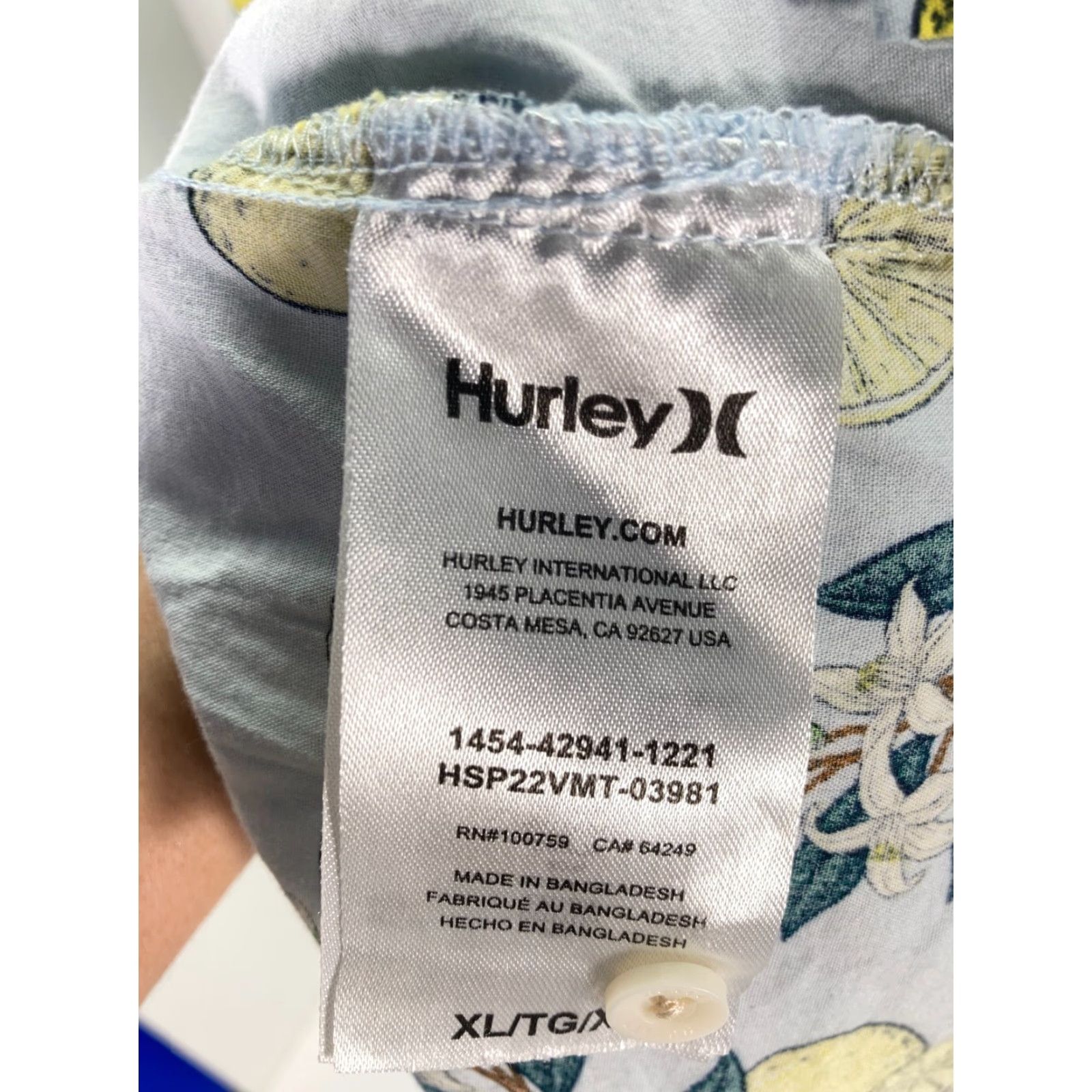 Hurley Hurley Button Up Hawaiian Shirt Mens XL Blue Lemon Sunglass Slot Pocket Slim Fit Size US XL / EU 56 / 4 - 7 Thumbnail