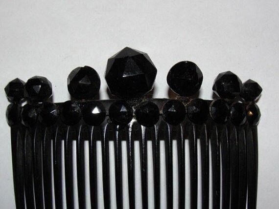 Handmade Victorian Black Celluloid Hair Comb Faceted Circular Studs Size ONE SIZE - 2 Thumbnail