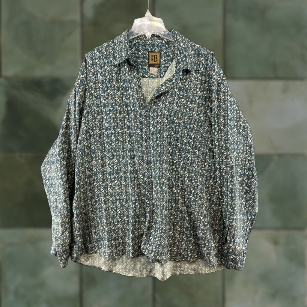 Vintage Bruno Button-Up Shirt Mens XL Blue Geometric Long Sleeve Silk Designer Size US XL / EU 56 / 4 - 1 Thumbnail