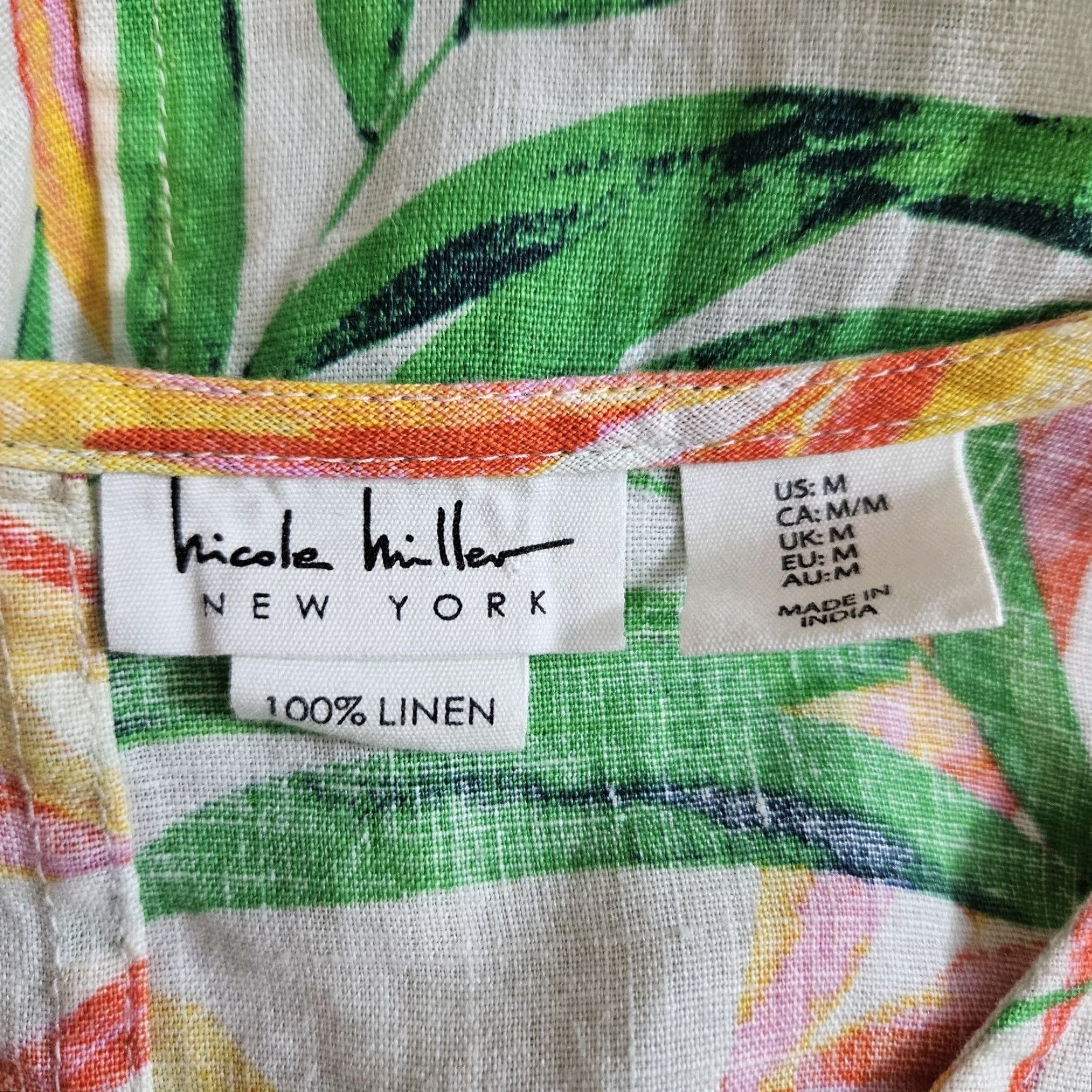 Nicole Miller Nicole Miller Womens Linen Dress Sz Medium Green Yellow Leaf Print V-Neck Dress Size M / US 6-8 / IT 42-44 - 4 Thumbnail