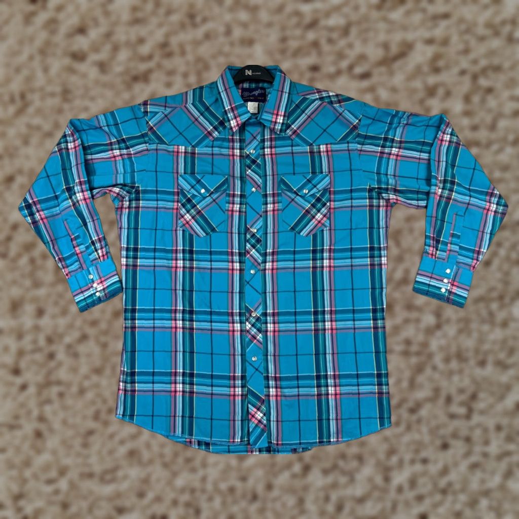 Wrangler Wrangler Shirt Mens Blue Plaid 17.5 Polyester Western Pearl Snap X-Long Tails Button-Up Size US XXL / EU 58 / 5 - 1 Thumbnail