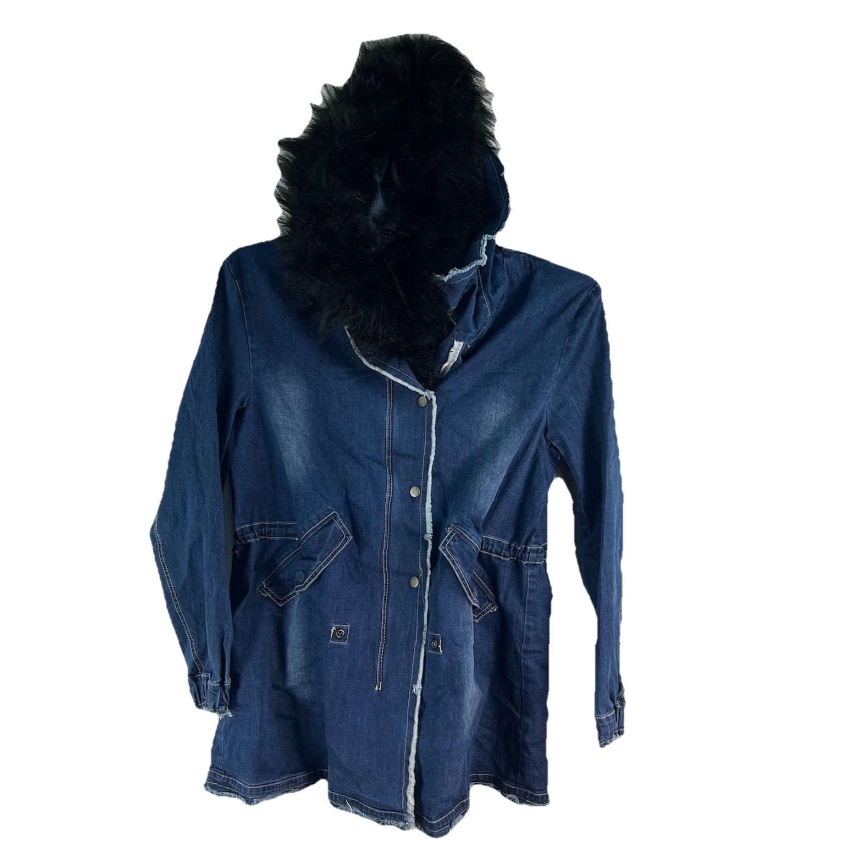 Denime La Coalition Denim Step Button Faux Fur Jacket Women’s Size M Blue 90s Retro Classic Size M / US 6-8 / IT 42-44 - 2 Thumbnail