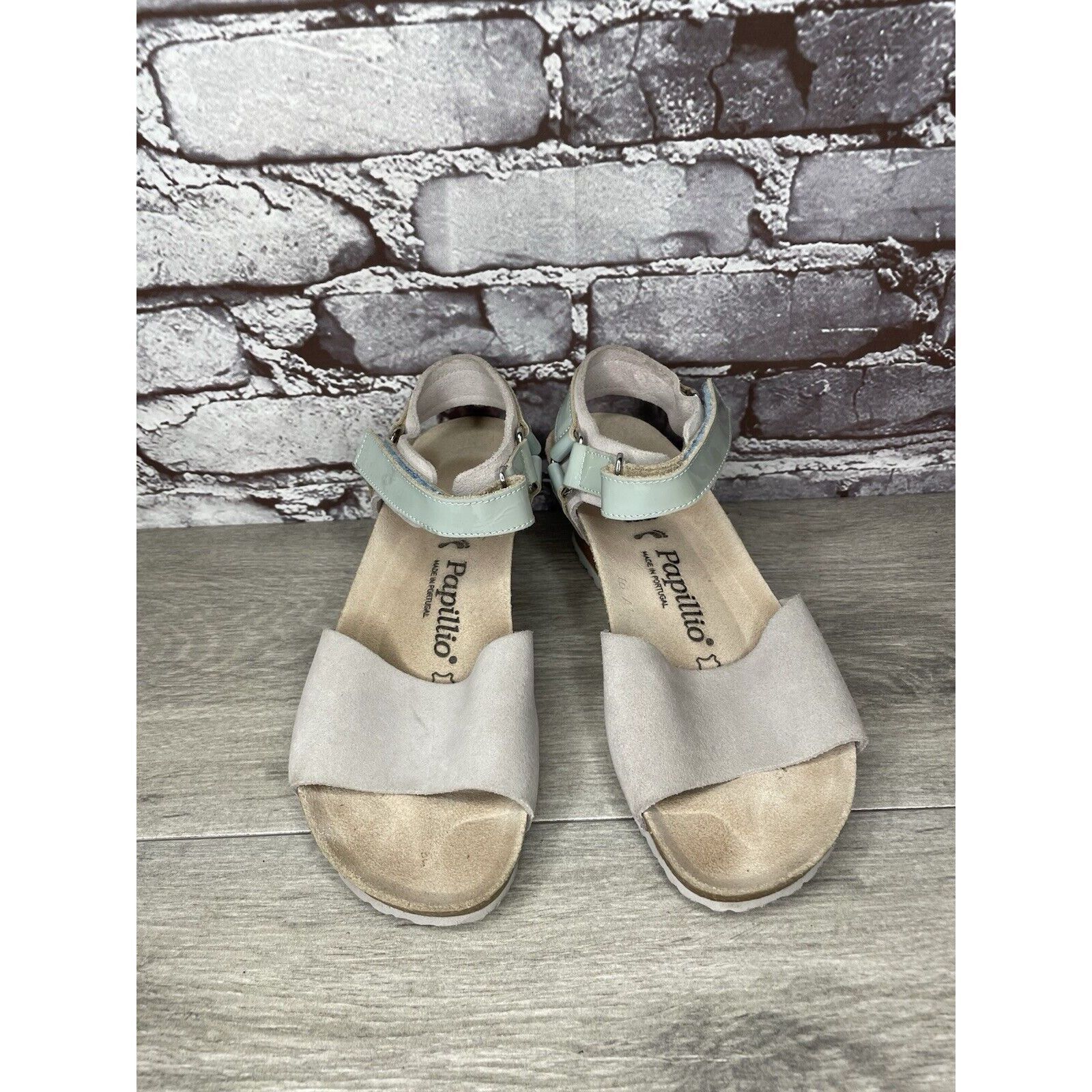 Birkenstock Papillio Grey Nubuck Suede Teal Patent Cork Wedg