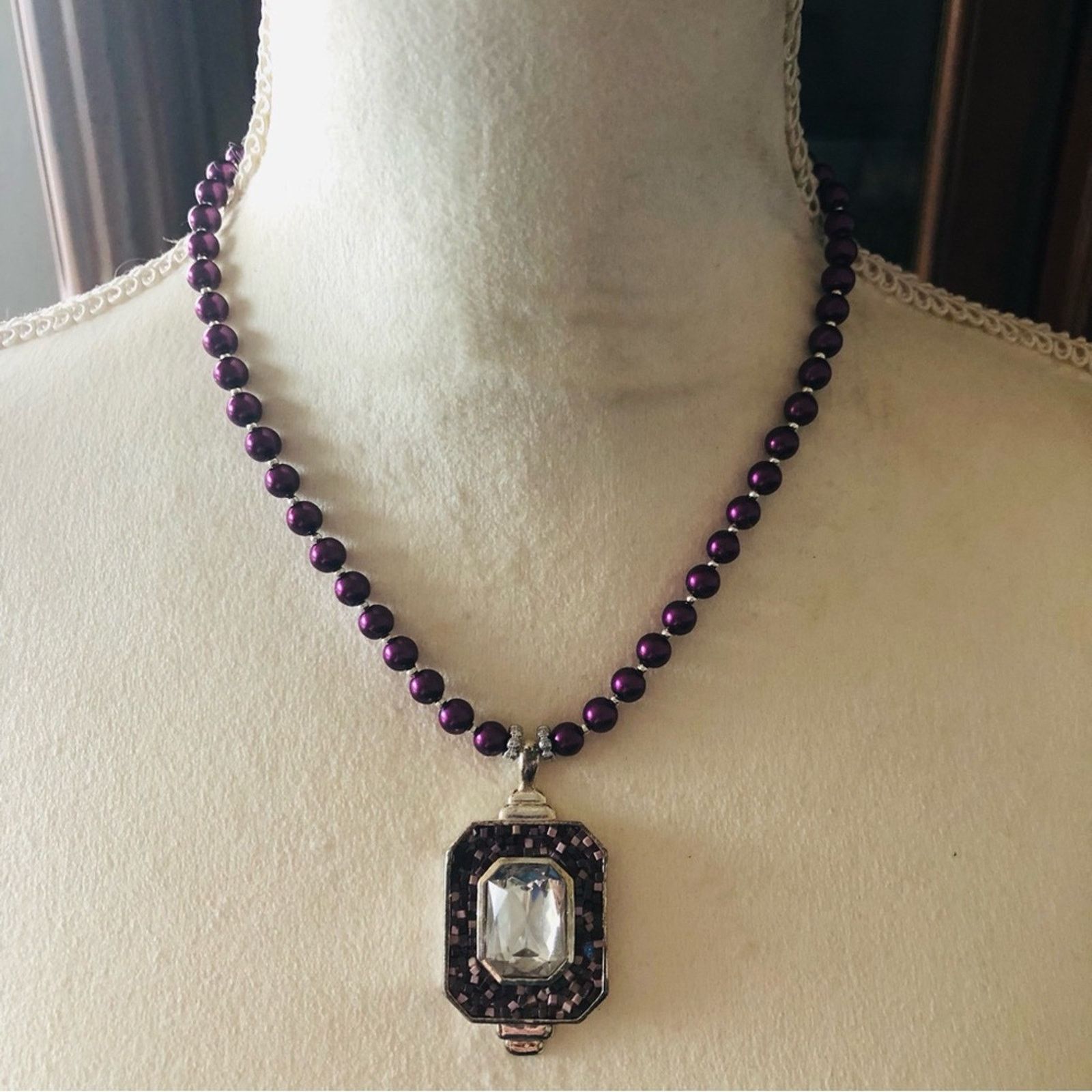 Handmade Handcrafted repurpose vintage mosaic pendant Pearl necklace Size ONE SIZE - 3 Thumbnail