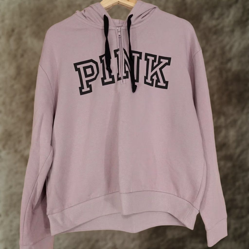 Pinko PINK Victoria's Secret Hoodie Womens L Pink Pullover 1/4 Zip Hooded Pockets Logo Casual Fall Size L / US 10 / IT 46 - 1 Thumbnail