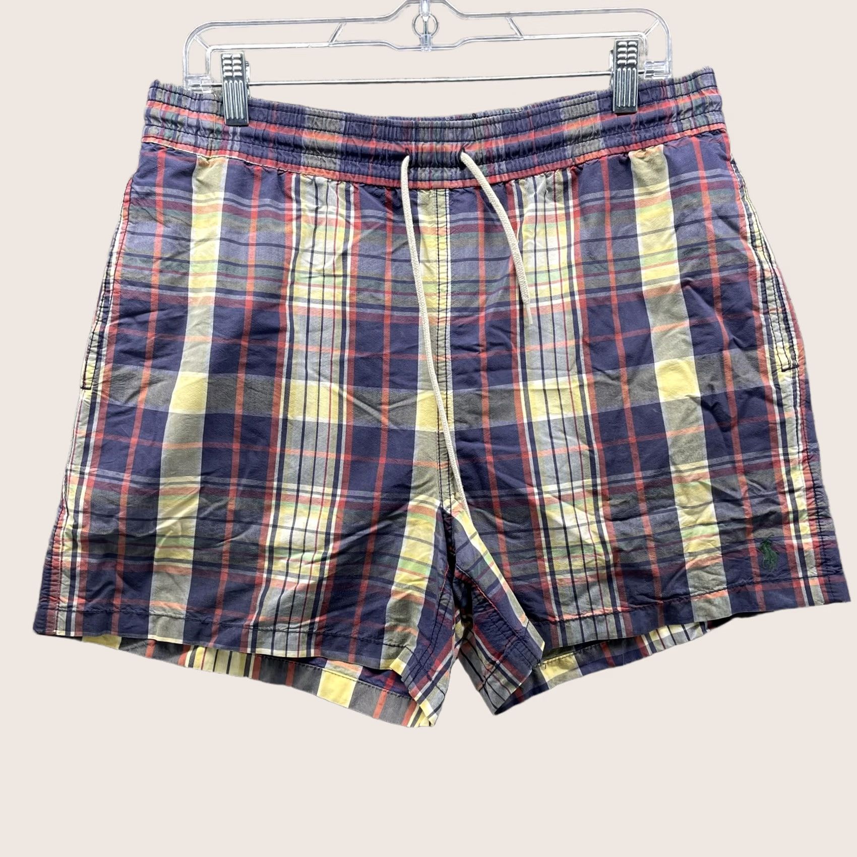 Polo Ralph Lauren VINTAGE Polo Ralph Lauren Shorts Men Medium Blue Red Madras Plaid Swim Trunks 90s Mens M Blue Plaid shorts Size US 31 - 1 Thumbnail