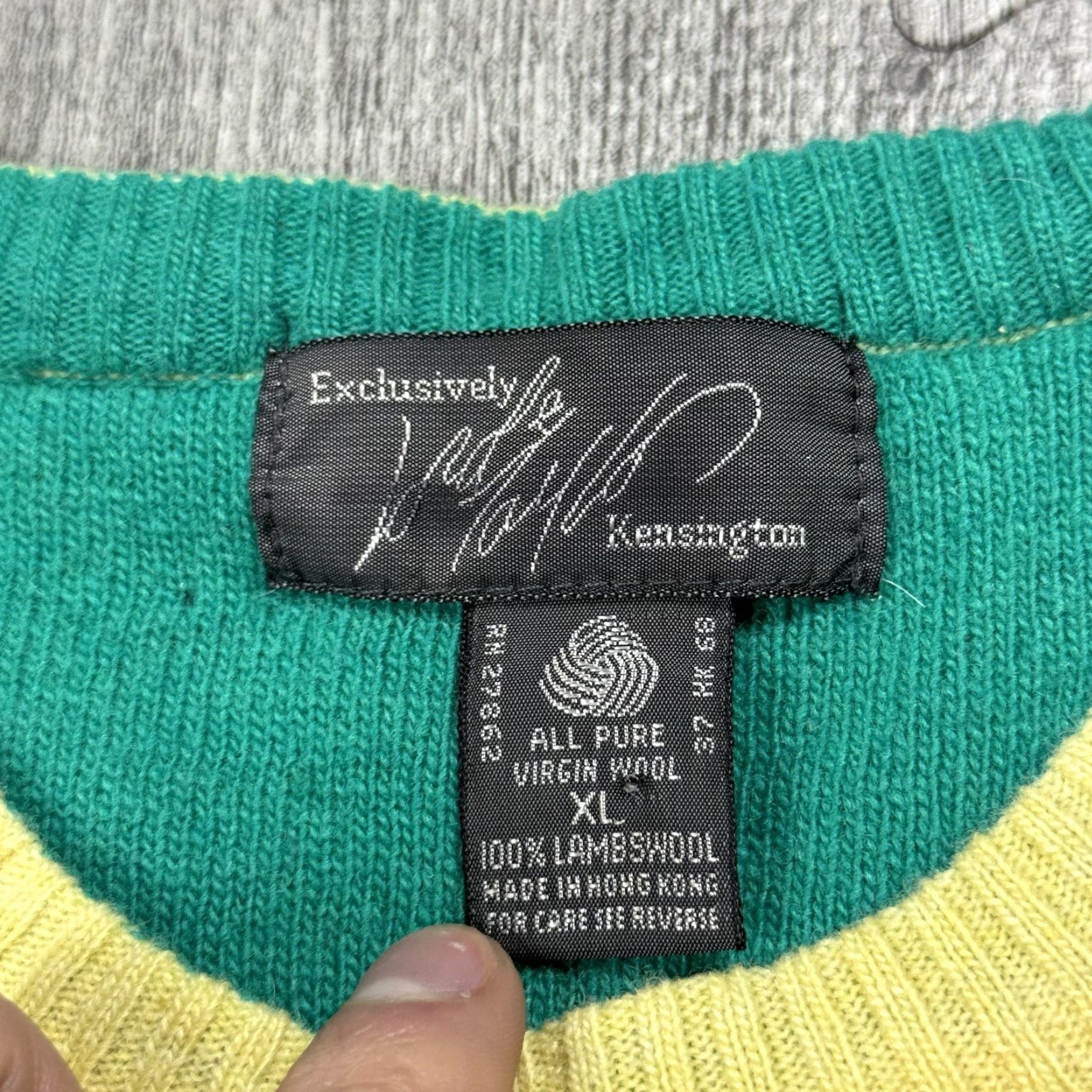 Lord & Taylor Vintage Lord & Taylor Men's Double Layer Waffle-Knit Cashmere Sweater XL Yellow Teal 90s Preppy Pullover Size US XL / EU 56 / 4 - 3 Thumbnail