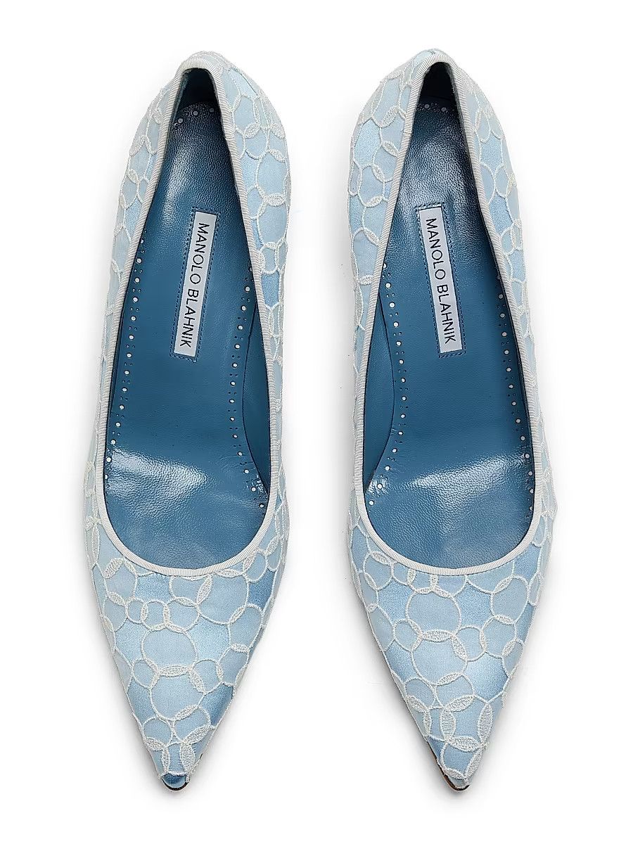 Manolo Blahnik os11x0326 Neliraval Gala 90mm Embroidered Satin Pumps Blue Size US 7.5 / IT 37.5 - 4 Thumbnail