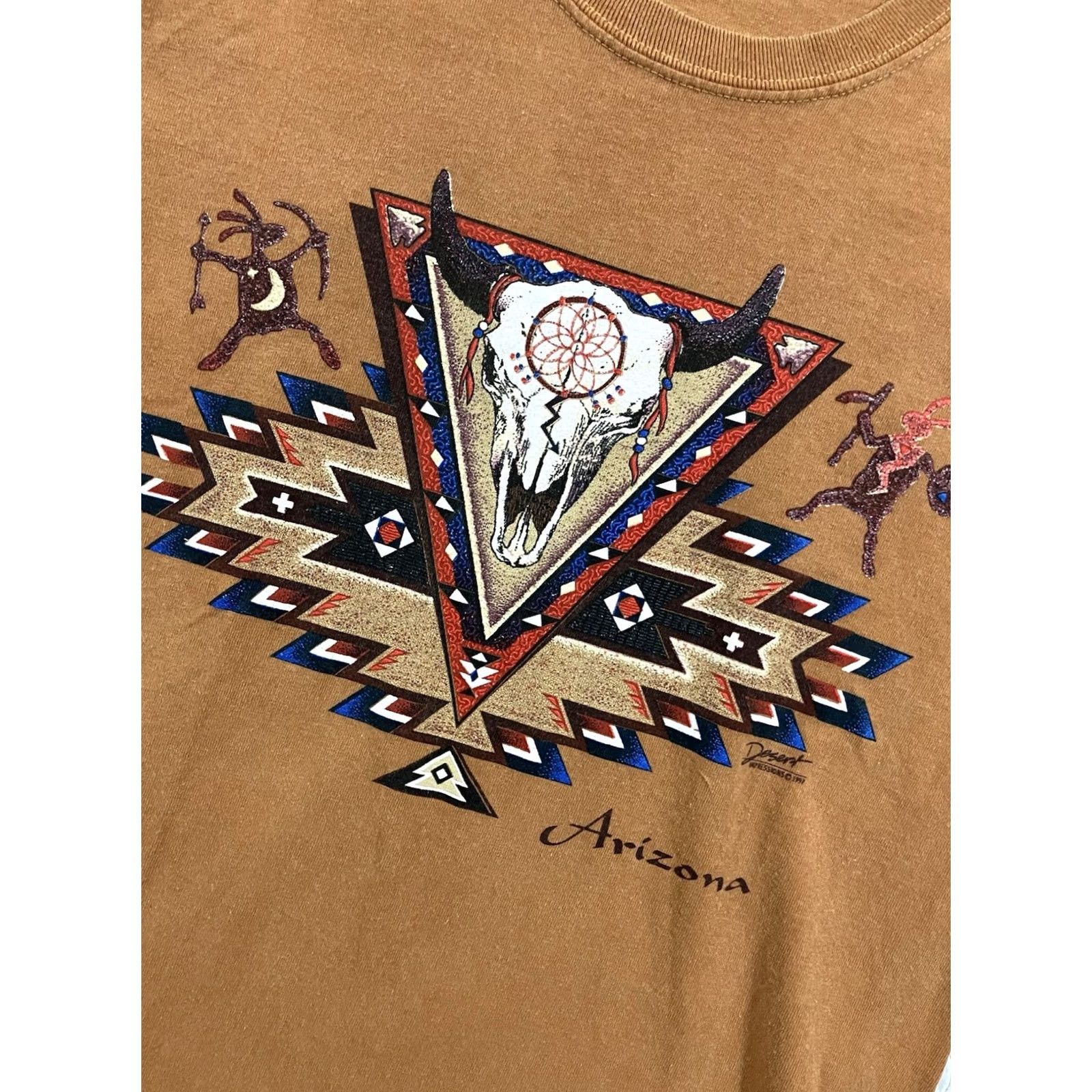 Gildan VINTAGE 90s Gildan T-Shirt Southwest Aztec Arizona Longhorn Geometric Graphic Bull Short Sleeve Orange 1990-1999 Small (S) Unisex Adults Mens Womens Size US S / EU 44-46 / 1 - 2 Thumbnail