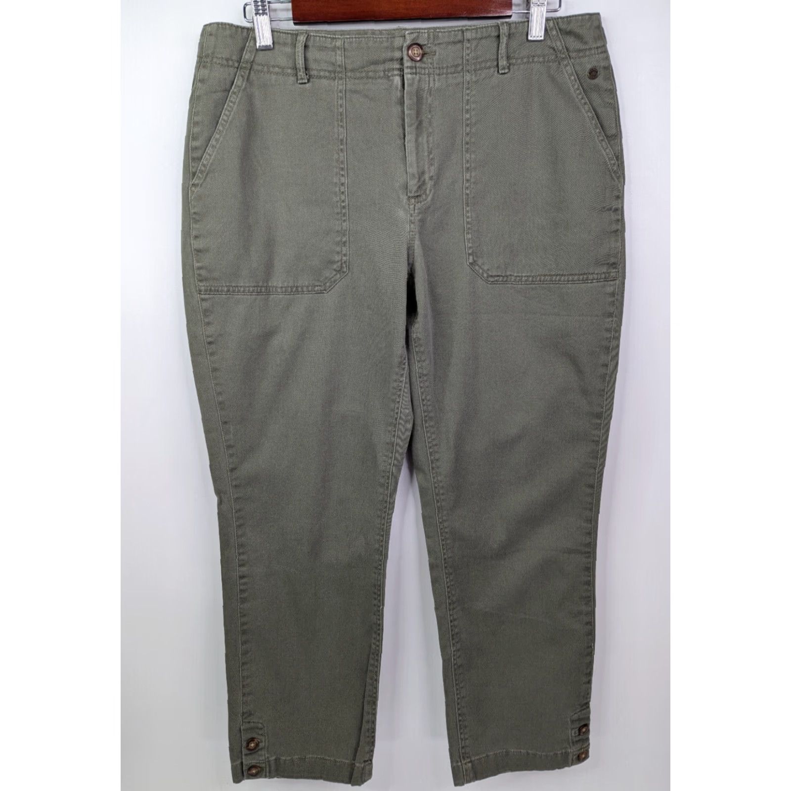 Vintage LL Bean Favorite Fit Women's 12 Green Cropped Pants High Rise Cotton Blend Capris Straight Pockets Casual Workwear Size 34" / US 12 / IT 48 - 2 Thumbnail