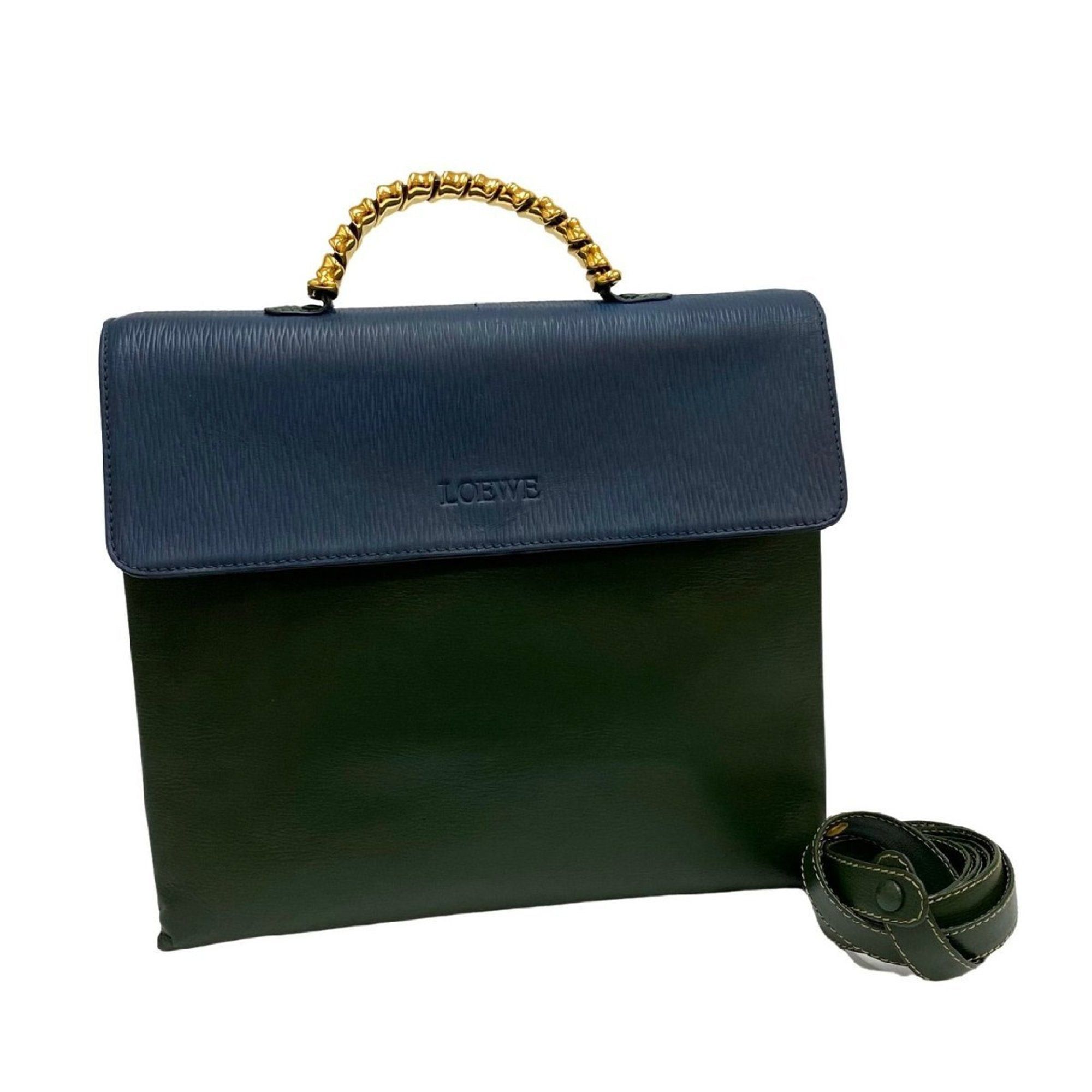 image of Loewe Vintage Velasquez Twist Handle Leather Genuine 2Way Shoulder Bag Handbag Green in Blue, Women