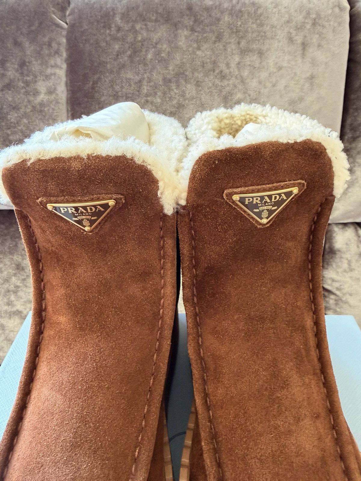 Prada BNWT $1450 Prada Brown Suede Leather Lambskin Fur Boots Size US 8 / IT 38 - 10 Thumbnail