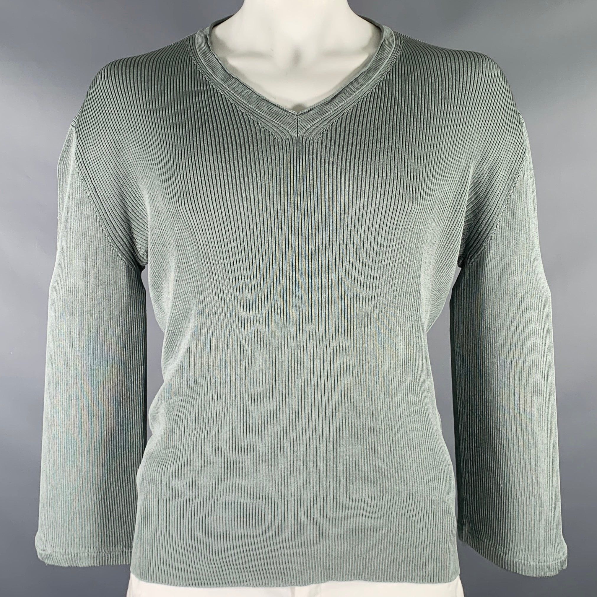 image of Tom Ford Green Grey Rib Knit Silk Vneck Pullover, Men's (Size XL)