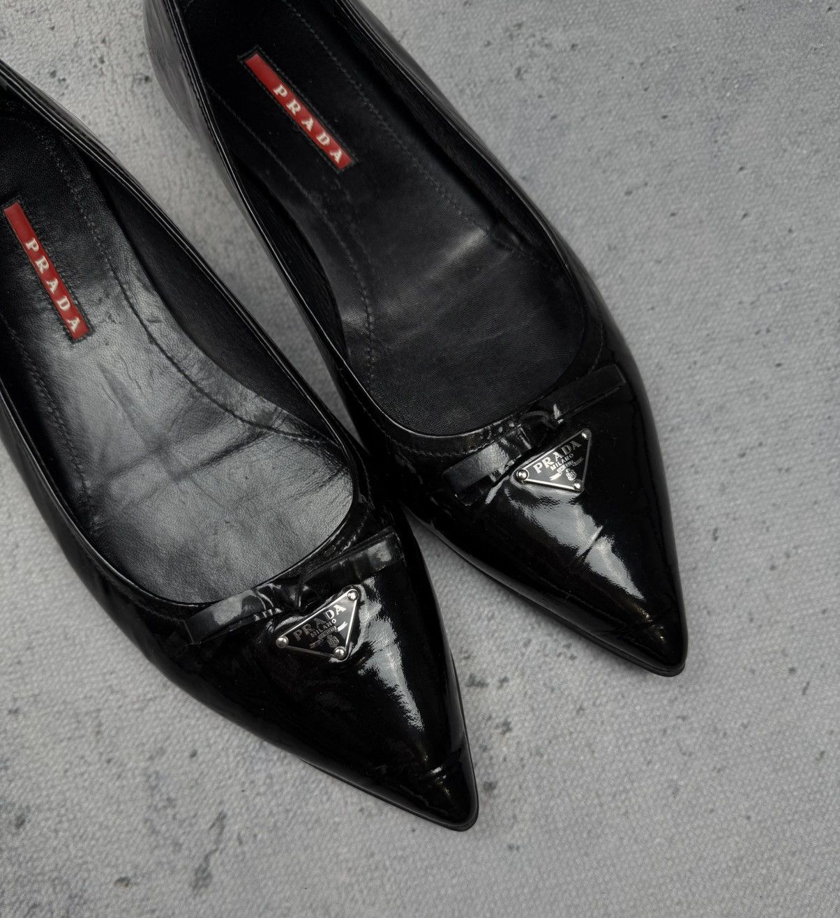 Prada Prada Black Patent Leather Pointed Toe Flats Metal Logo Rare Size US 8.5 / IT 38.5 - 18 Thumbnail