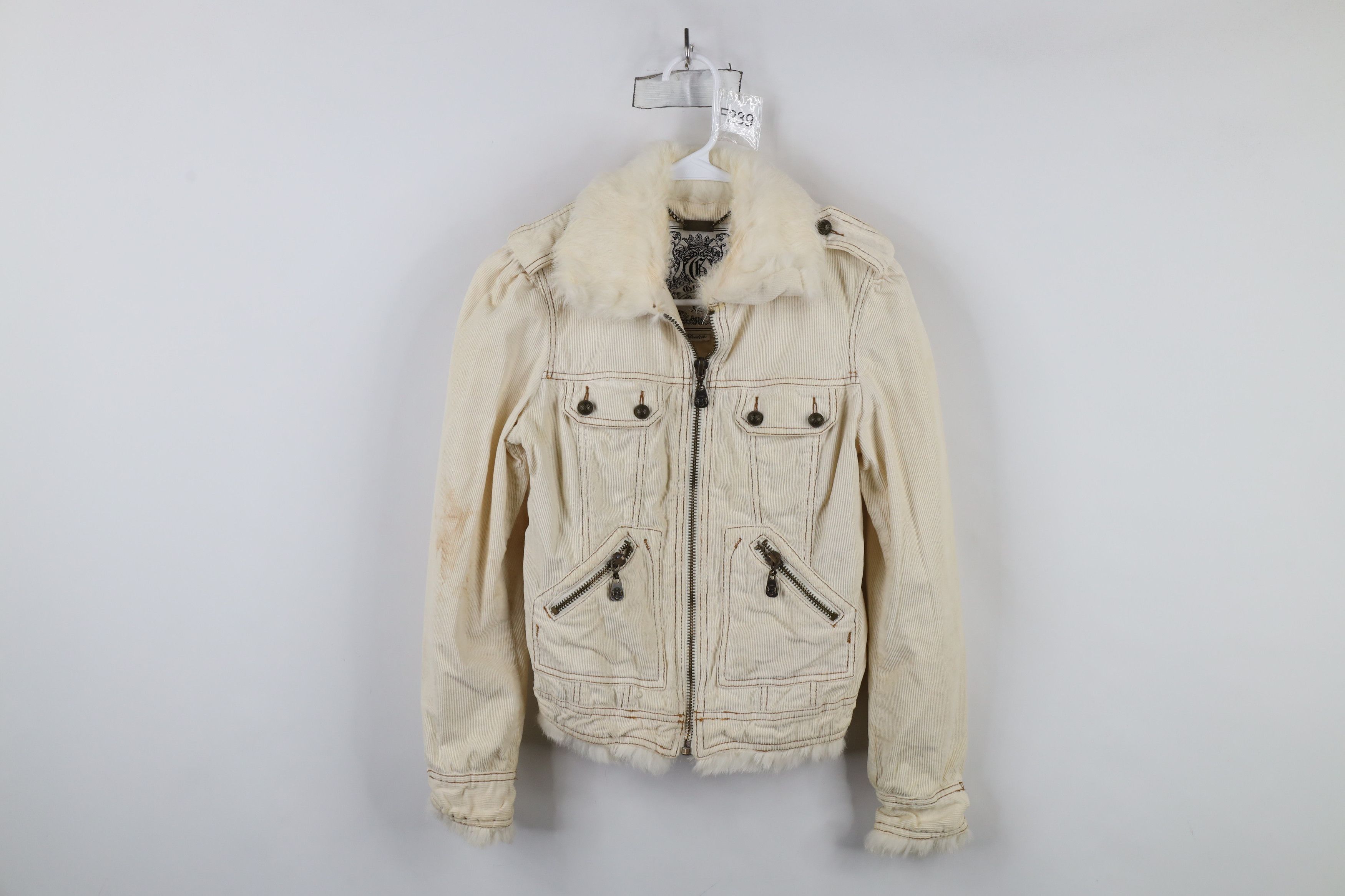 Guess × Vintage Vintage 90s Y2K Guess Fur Trim Corduroy Trucker Jacket Cream Size XS / US 0-2 / IT 36-38 - 1 Thumbnail