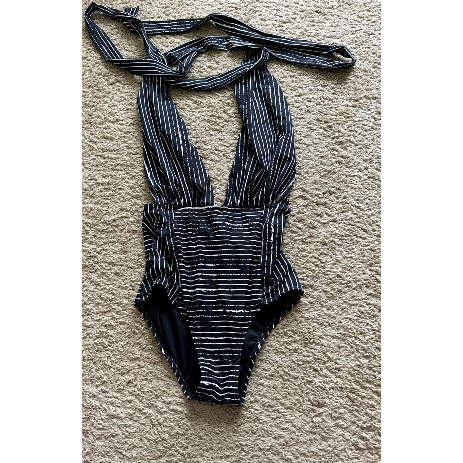 Bather COCOSHIP One Piece Retro Backless Bather High-Waisted Swimsuit 12 Women's Black & White Striped Halter Adjustable Strap Built-In Bra Size ONE SIZE - 3 Thumbnail