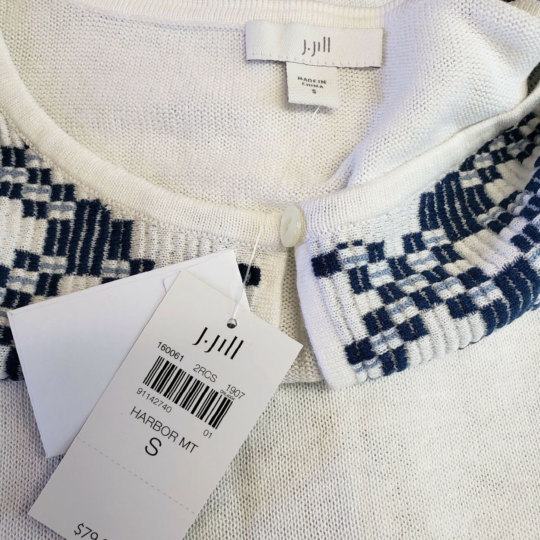 J. Jill J Jill Womens Jacquard Bib Sweater Sz Small Blue White Short Sleeve Linen Blend Ladies Pullover Knit Shirt Size S / US 4 / IT 40 - 5 Thumbnail