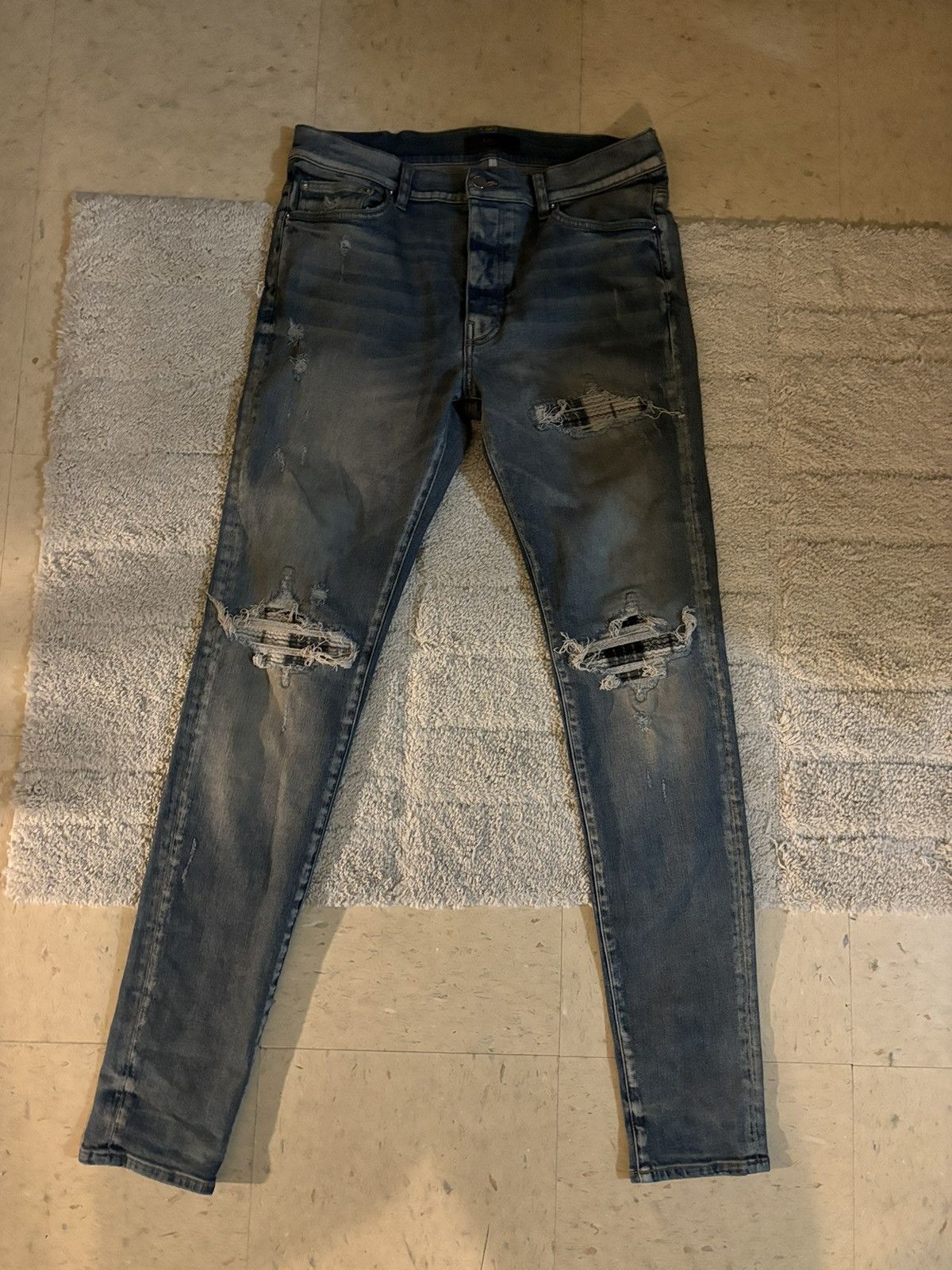 Amiri Amiri Mx1 Plaid Flannel Dark Blue Washed Denim Jeans Size 34