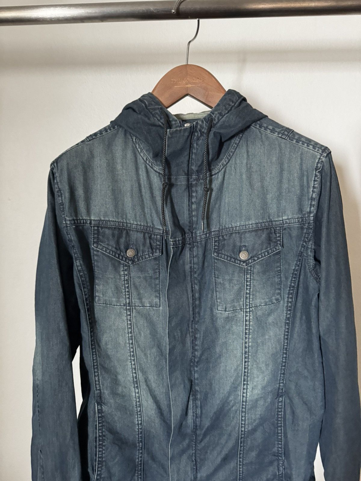 Two way zip denim hoodie jacket, view 3
