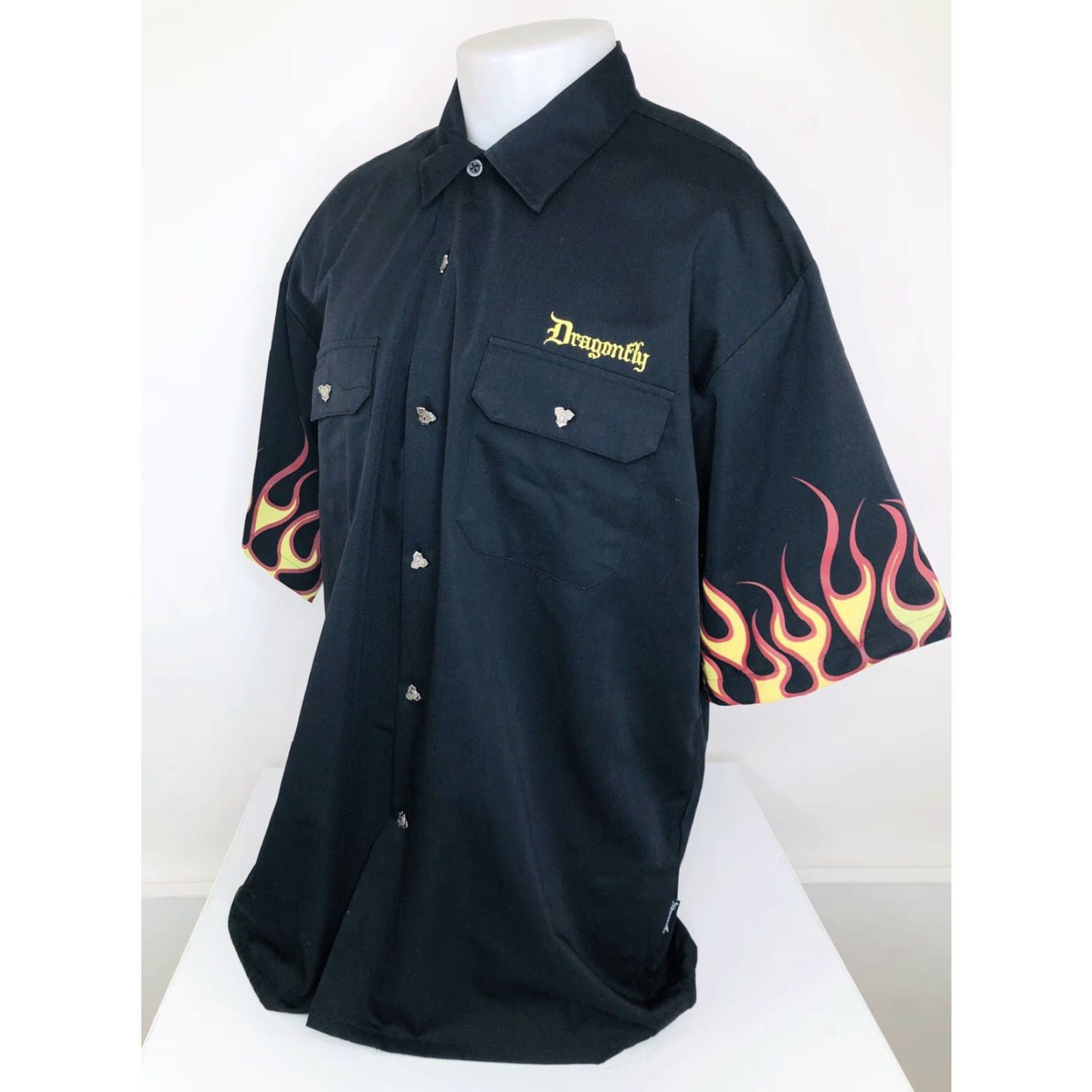 Vintage DRAGONFLY MOTORCYCLE ENGINE METAL BUTTON / FLAMES & GIRL Shirt XXL Black Men's Short Sleeve Button-Up 2XL Moto Pin-Up Dragonfly Shirt Size US XXL / EU 58 / 5 - 3 Thumbnail