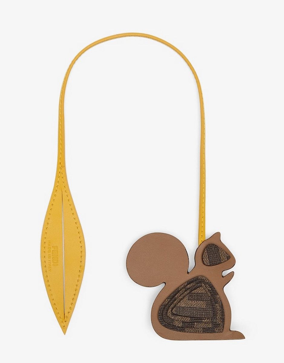 FENDI brown yellow squirrel figure FF logo leather bag charm