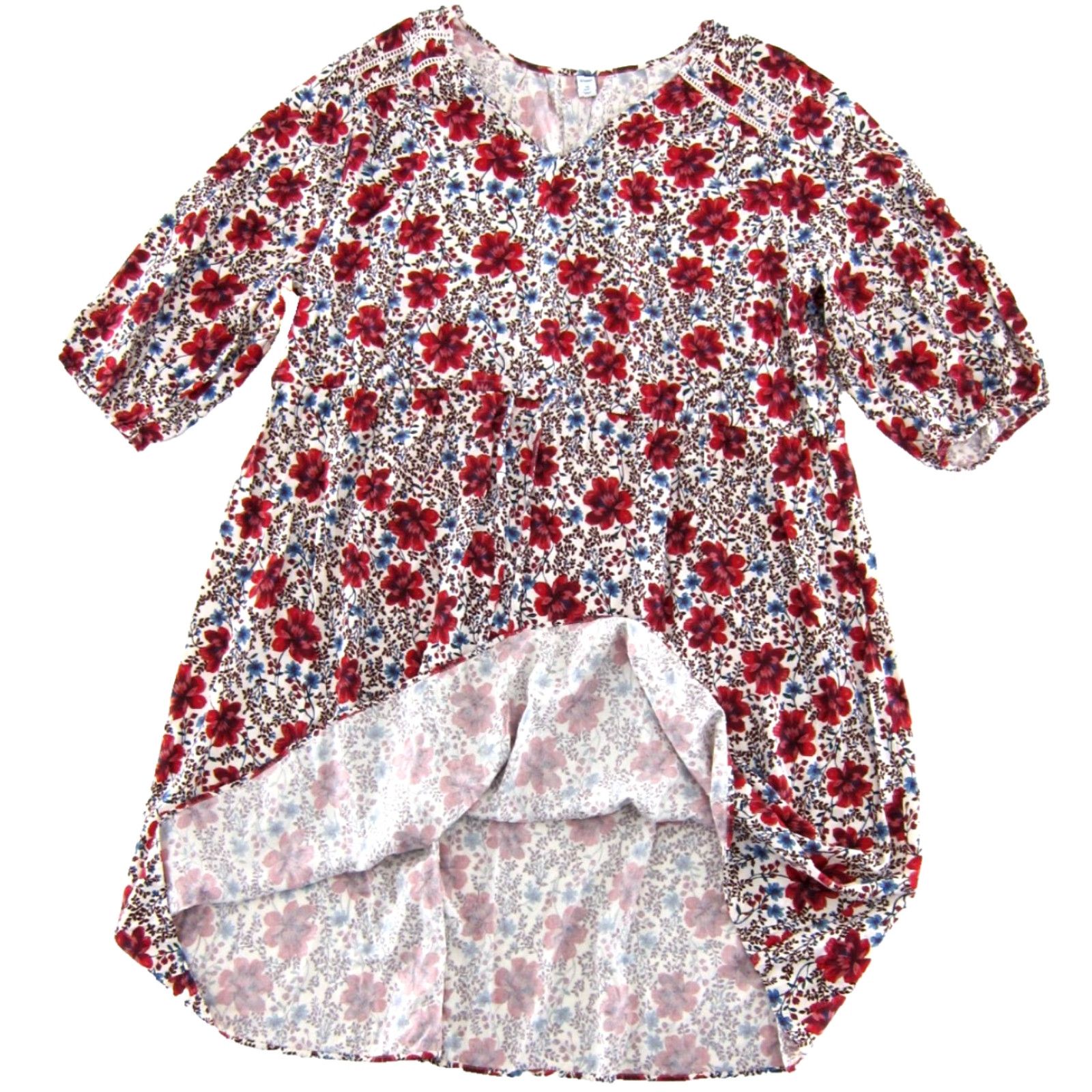 Old Navy Old Navy 100% Rayon Red Floral V-Neck 3/4 Sleeve Midi Smock Dress Plus 4X Size XXL / US 16-18 / IT 52-54 - 5 Thumbnail