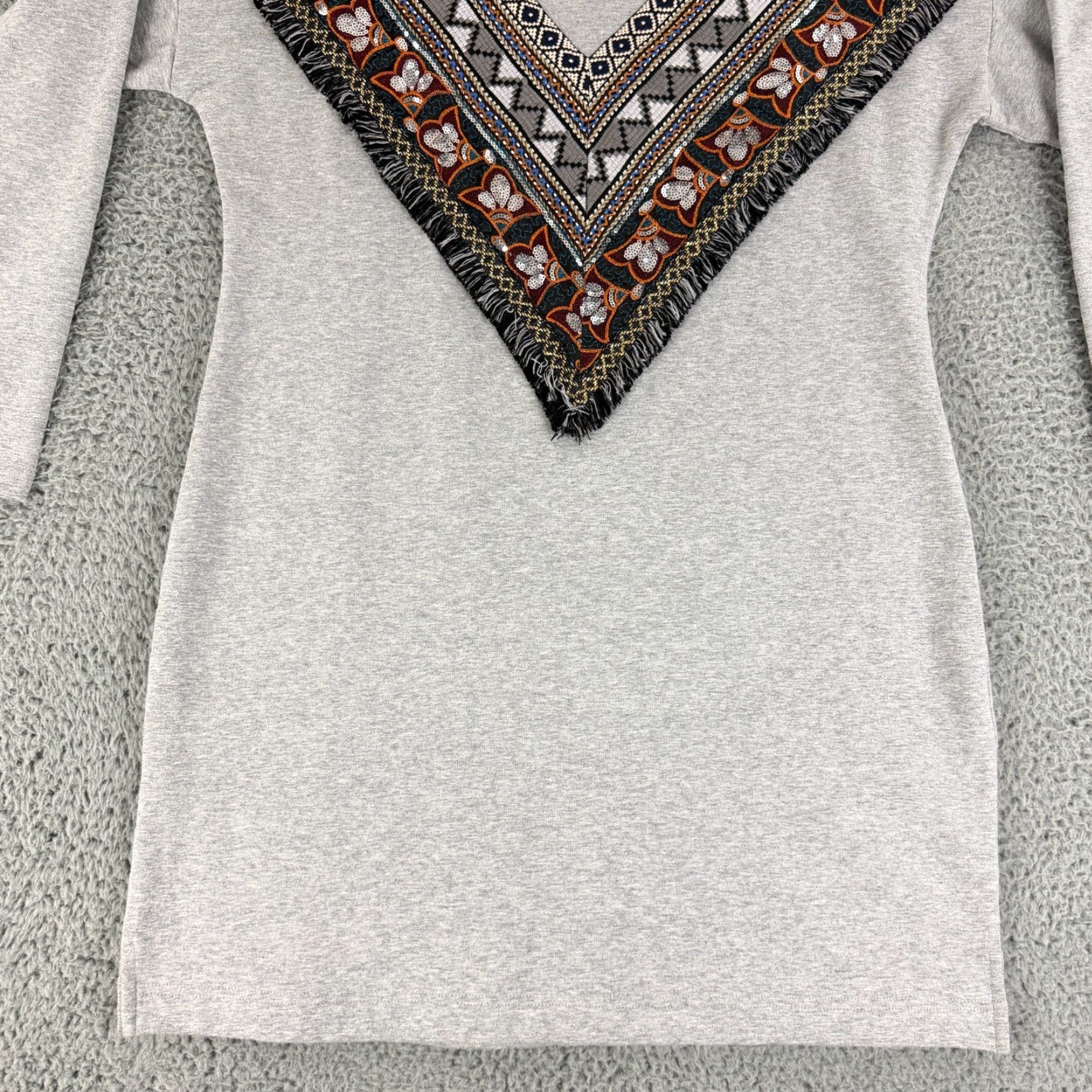 Boston Proper Boston Proper Mini Dress Womens M Gray Beaded Embroidered Long Sleeve Boho Dress Size M / US 6-8 / IT 42-44 - 5 Thumbnail