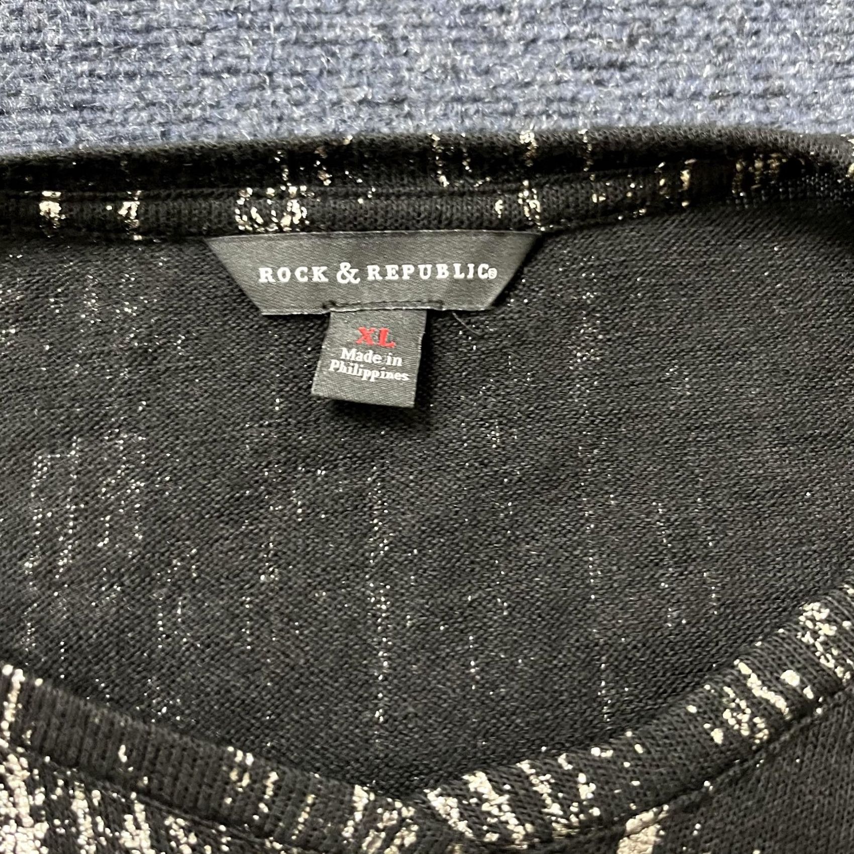 Vintage Rock & Republic Shirt Womens XL Black Metallic Abstract Stripe High Low Hem Top Size XL / US 12-14 / IT 48-50 - 2 Thumbnail