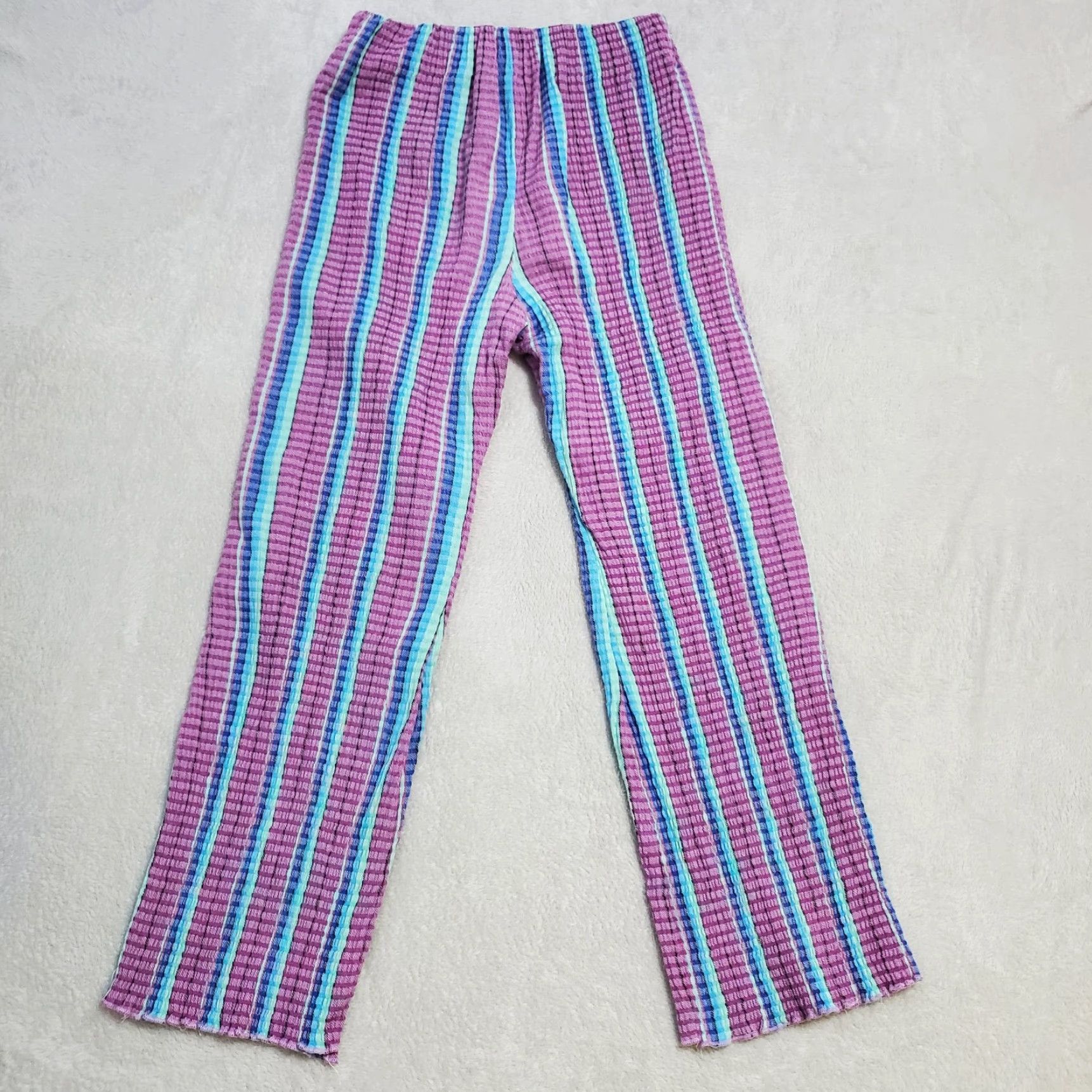Free People VINTAGE Free People Pants Women XS Purple Stripe Waffle Knit Hi Waist Pull On Boho Beach Elastic Waist Ankle 27.5 Inseam Size 26" / US 2 / IT 38 - 2 Thumbnail