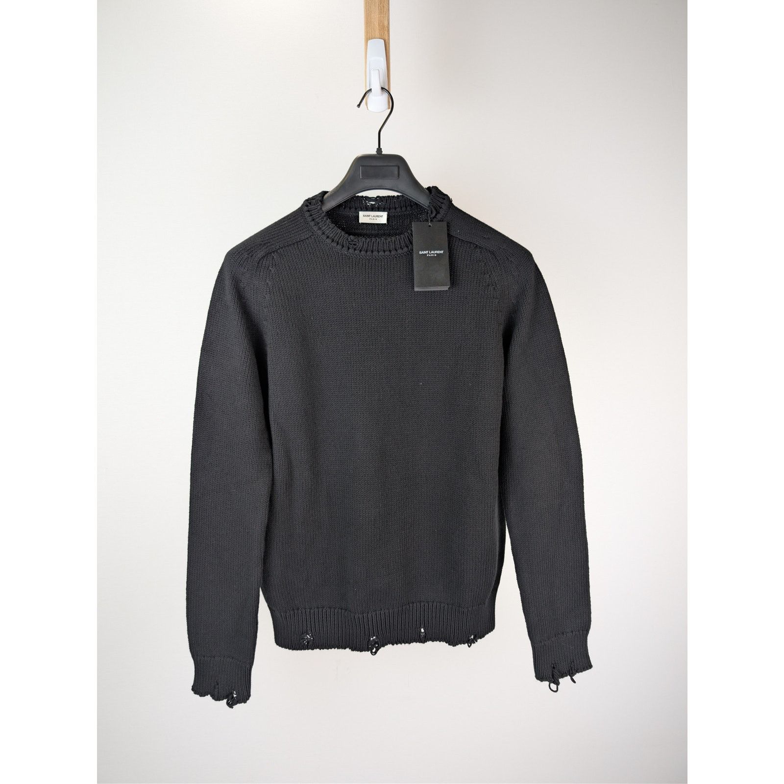 Saint Laurent Paris o1rshd1 Distressed Cotton Knit Crew-Neck Sweater in Black Size US M / EU 48-50 / 2 - 2 Thumbnail