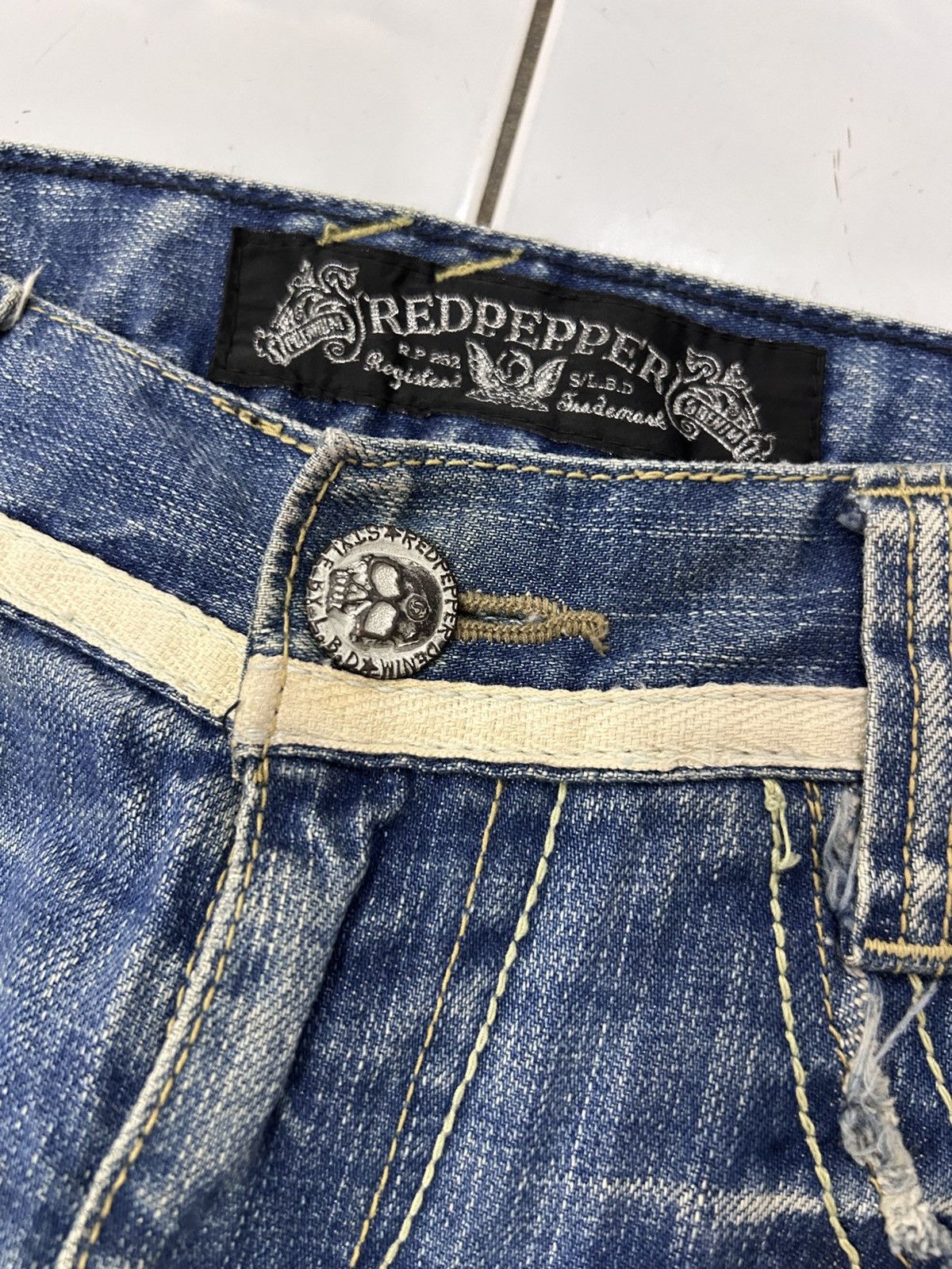 Japanese Brand × Vintage Flare Jeans Embroidered Skull Patch Distressed Denim Size US 32 / EU 48 - 12 Thumbnail