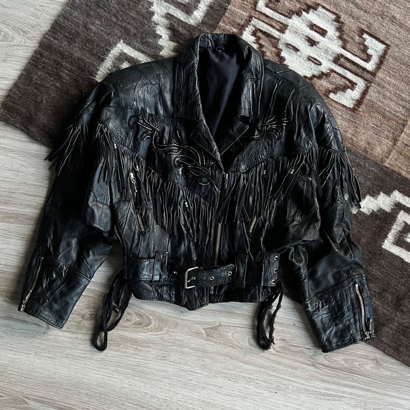 Leather Vintage Leather Fringe Western Biker Patchwork Jacket 9723AC Size S / US 4 / IT 40 - 4 Thumbnail