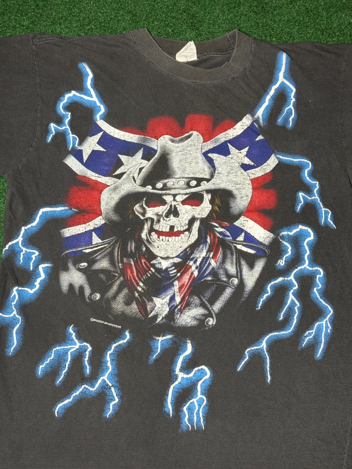 Vintage Vtg 90s American Thunder Rebel Skull Cowboy Biker T Shirt Size US M / EU 48-50 / 2 - 2 Thumbnail