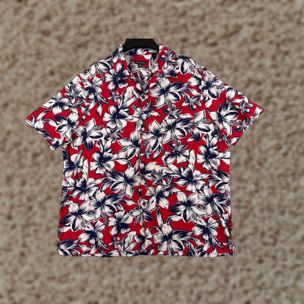George George Shirt Adult XL Red Hawaiian Floral Short Sleeve Button-Up Cotton Mens Size US XL / EU 56 / 4 - 1 Thumbnail