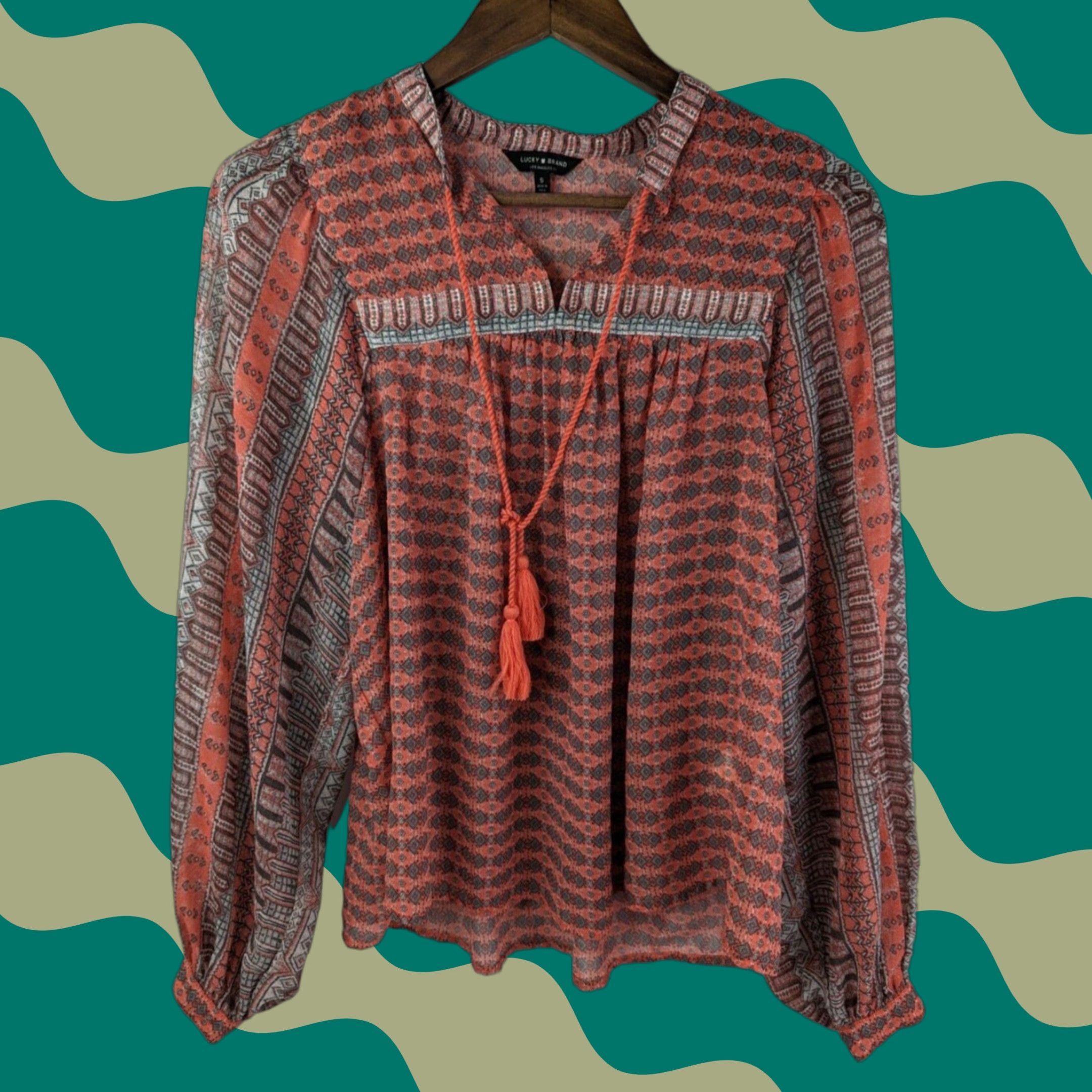 Lucky Brand Lucky Brand Women's Blouse Long Sleeve V-Neck Lace Up Peasant Border Print Coral Tassels Size S Size S / US 4 / IT 40 - 1 Thumbnail