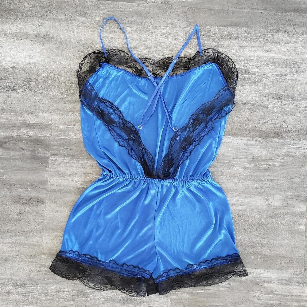 Designer Blue Black Lace Detailed Silk Romper Size ONE SIZE - 2 Thumbnail