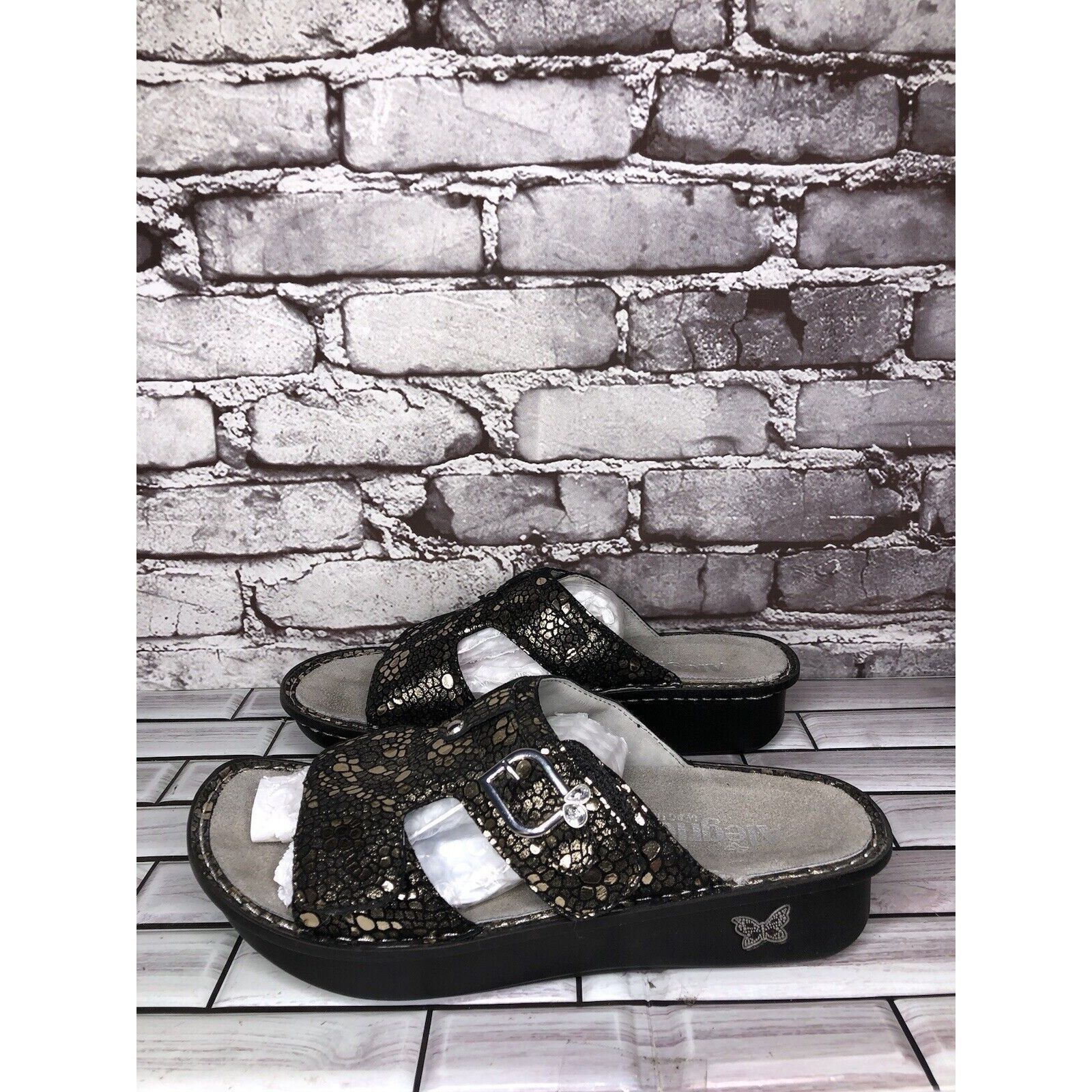 Allegri Alegria PEG 780 Black Silver Mosaic Leather Platform Slides Size US 10.5 / IT 40.5 - 9 Thumbnail