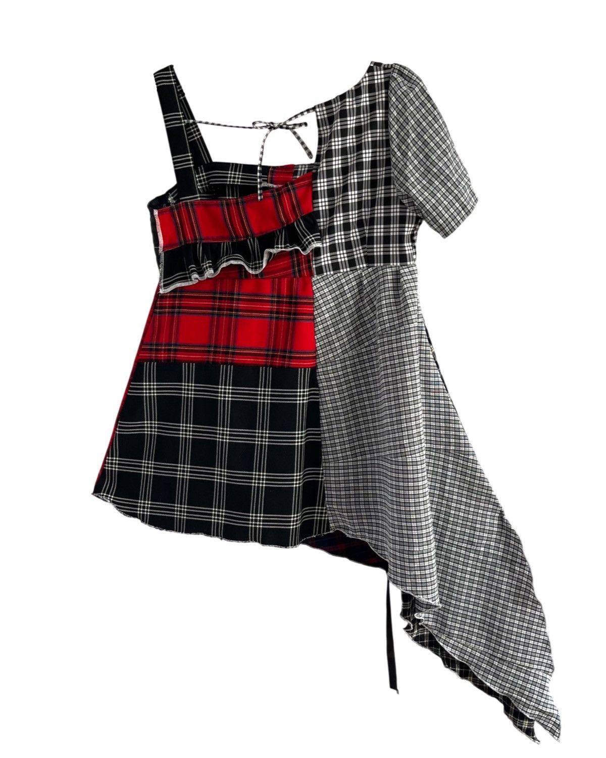 Custommade 1-of-1 Upcycled Plaid Patchwork Asymmetric Mini Dress Size S / US 4 / IT 40 - 2 Thumbnail