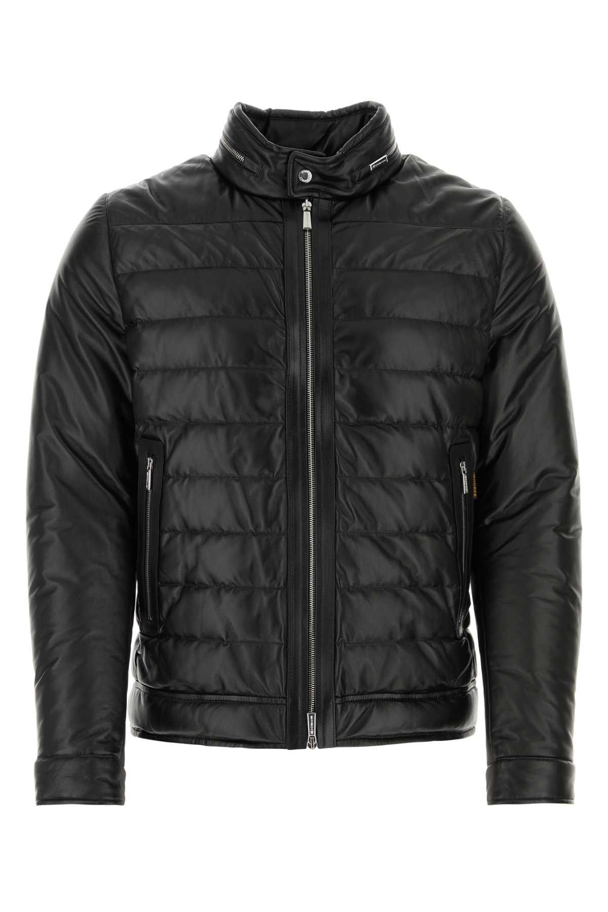 image of Moorer Black Leather Gilles Down Jacket, Men's (Size Large)