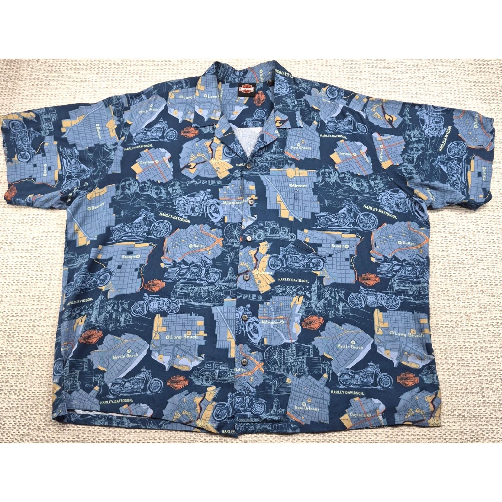 Harley Davidson Harley-Davidson Button Up Shirt Mens 3XL Blue Map Motorcycle Short Sleeve Size US XXL / EU 58 / 5 - 2 Thumbnail