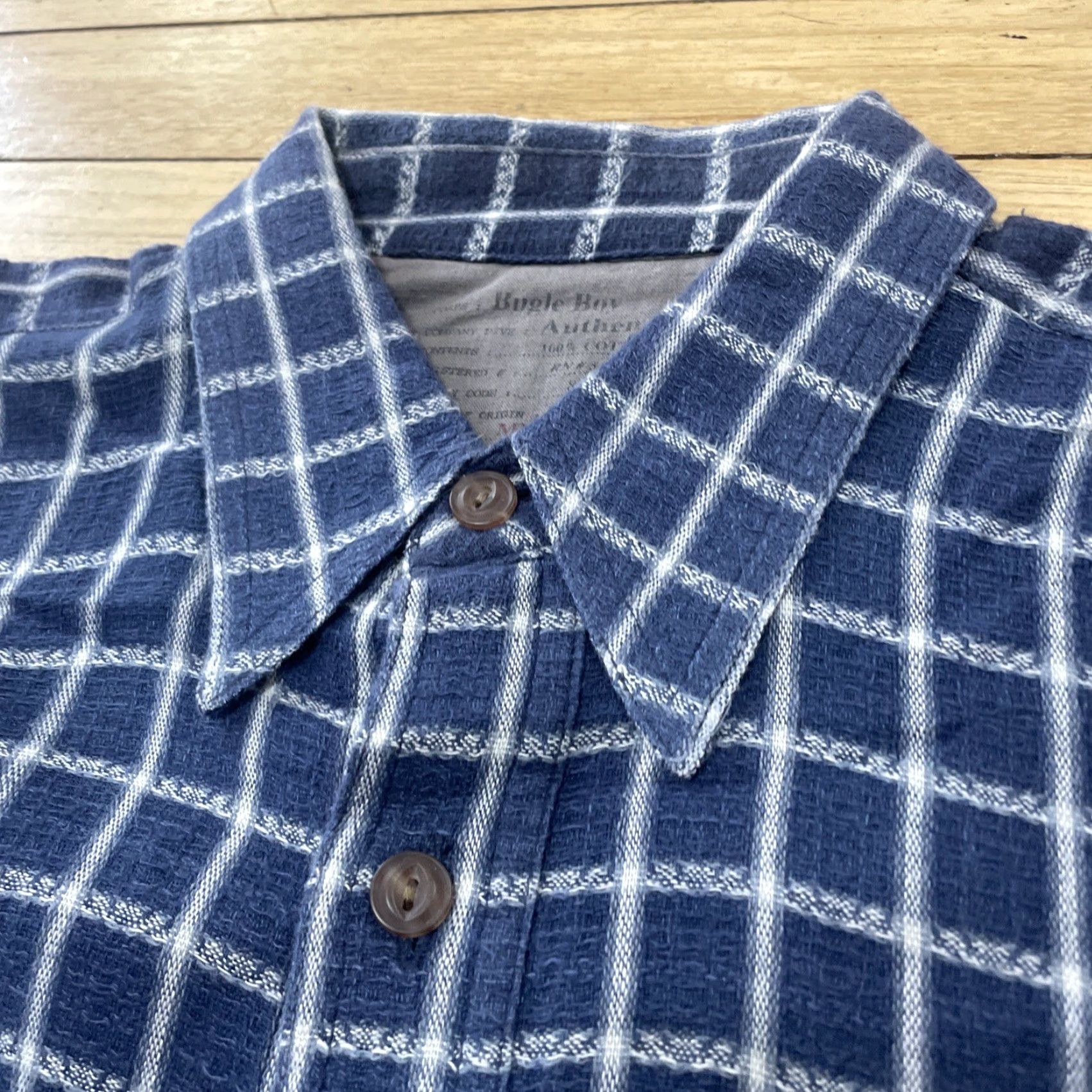 Bugle Boy VINTAGE Bugle Boy Chain Print Stitch Men M Western Equestrian Blue White Check Plaid Shirt Size ONE SIZE - 5 Thumbnail