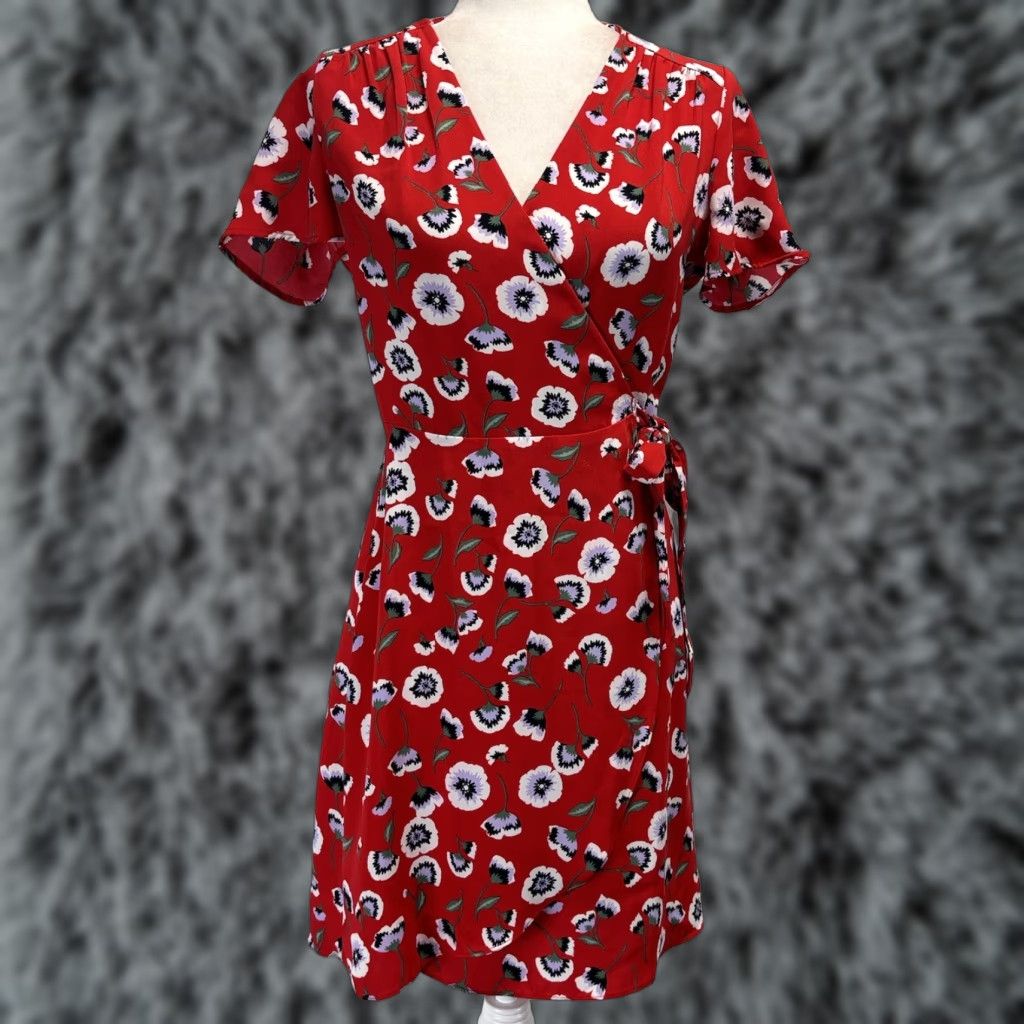 J.Crew J. Crew Red Poppy Wrap Dress Sz 0 VGUC Flutter Sleeve Size XS / US 0-2 / IT 36-38 - 1 Thumbnail