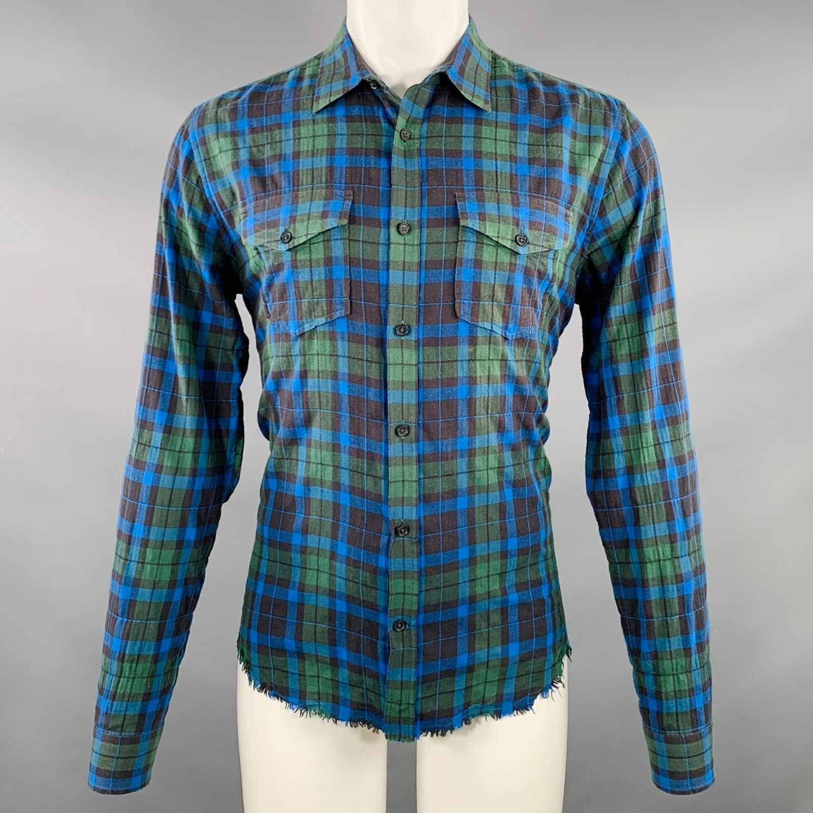 Vince Green Blue Plaid Cotton Blend Raw Edge Long Sleeve Shirt Size US S / EU 44-46 / 1 - 1 Thumbnail