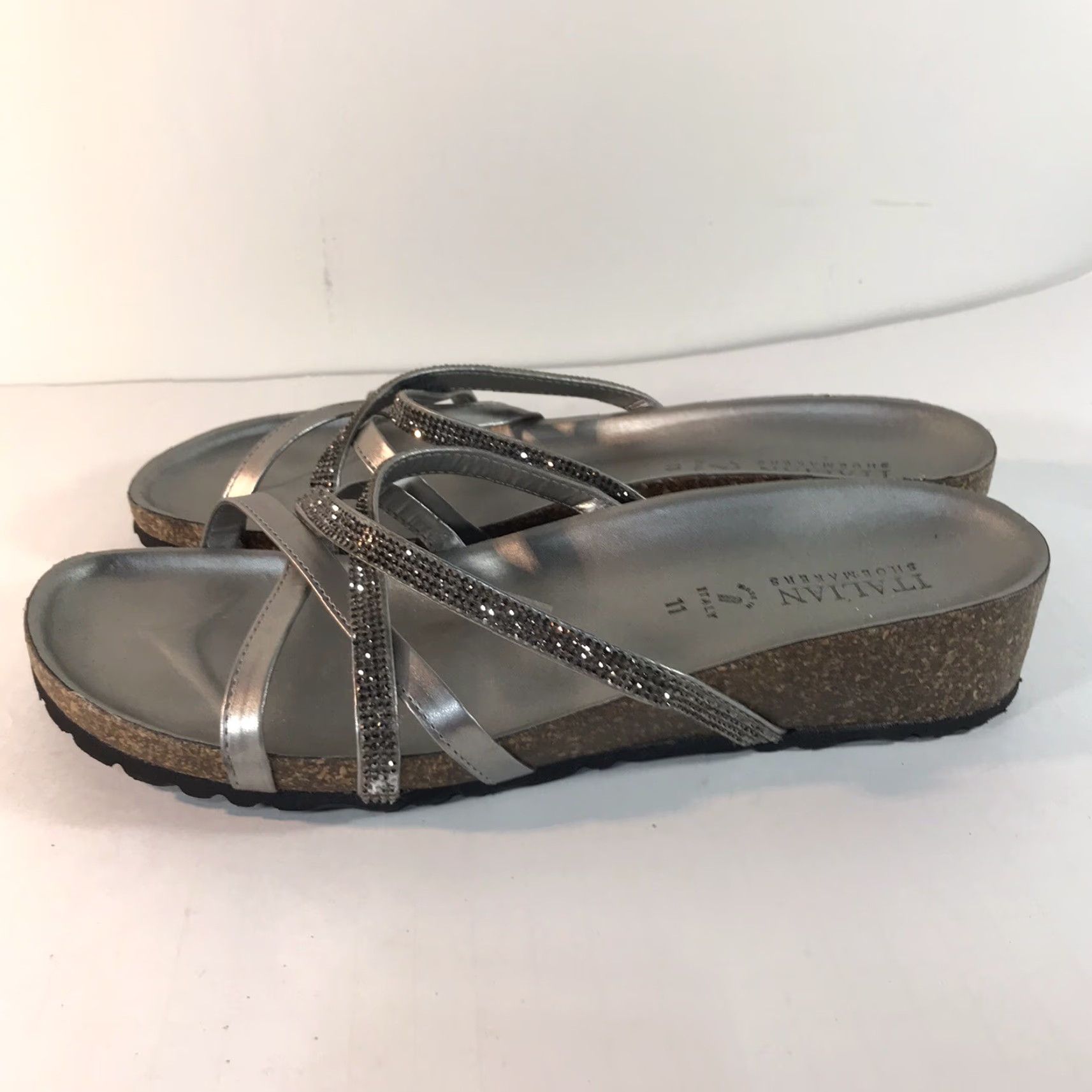 Vintage Italian Shoemakers Wedge Slides Women Size 11 Silver Leather Rhinestones Casual Summer Size US 11 / IT 41 - 2 Thumbnail