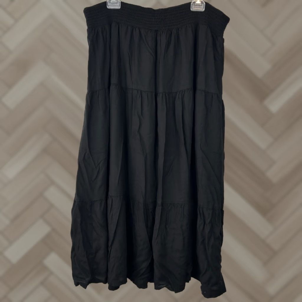 Vintage Northstyle Tiered Skirt 1X Maxi Boho Lined Pull On Black Womens Skirt Bohemian 1X Long Elastic Waist Pockets (